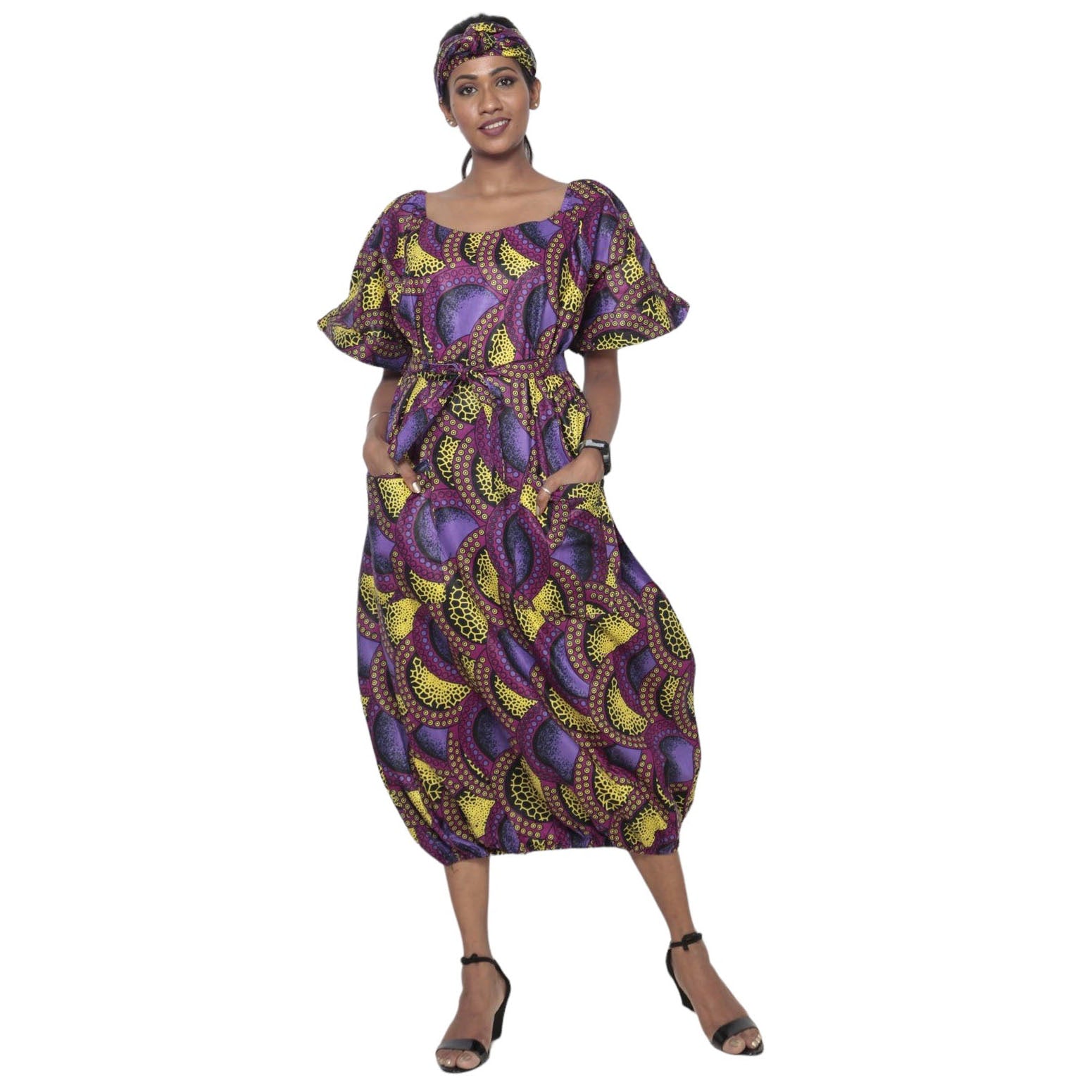 Women's Short Sleeve Balloon Hem Midi Dress multicolor mixture