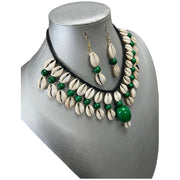 Women's 2 Layer Cowrie Shell Necklace Set With Colored Stone