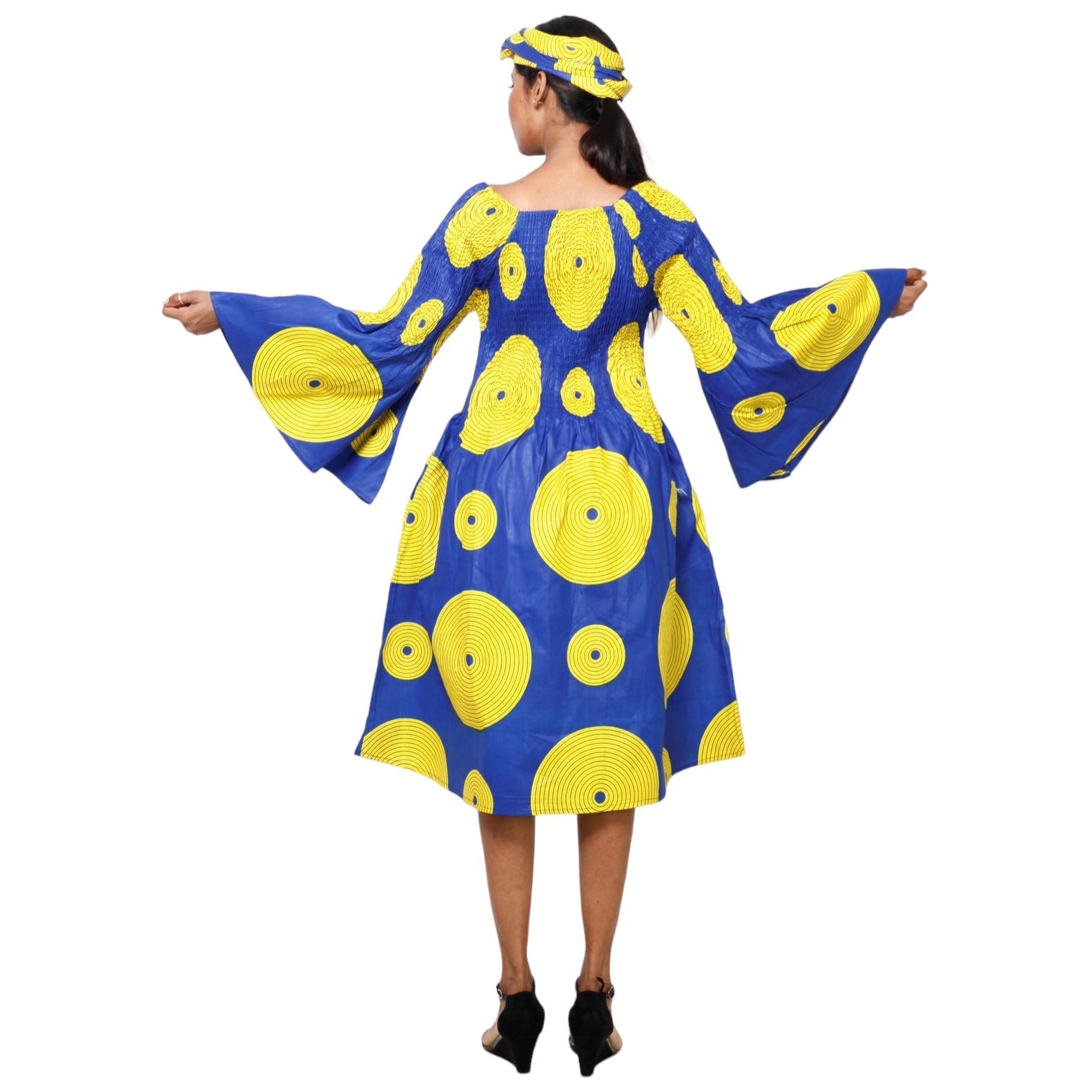 Women's Long Sleeve Smocking Short Dress with Bell Sleeves -- FI-50073