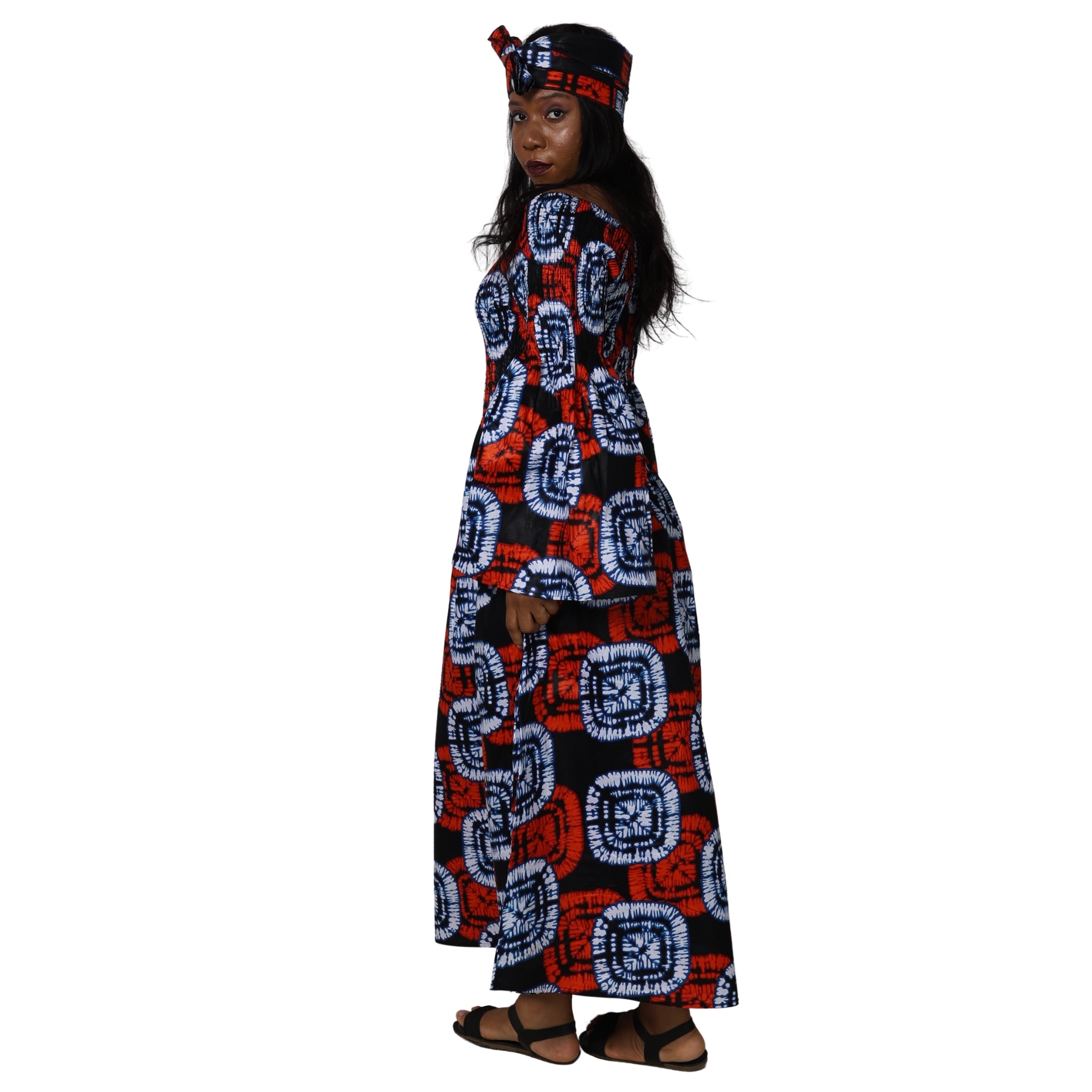 Women's Long Sleeve Smocking Maxi Dress with Bell Sleeves -- FI-50072