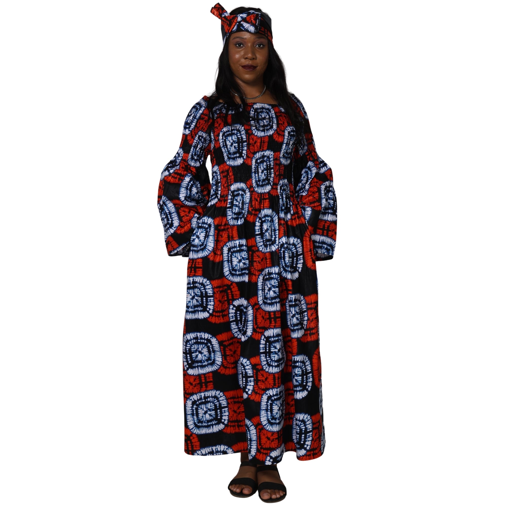 Women's Long Sleeve Smocking Maxi Dress with Bell Sleeves -- FI-50072