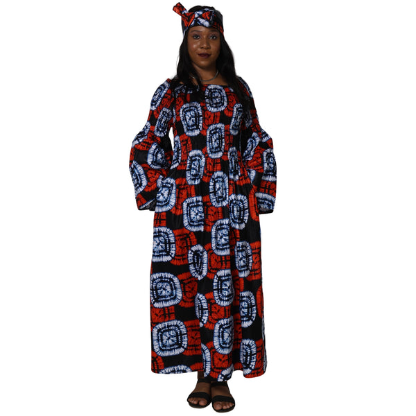 Women's Long Sleeve Smocking Maxi Dress with Bell Sleeves -- FI-50072