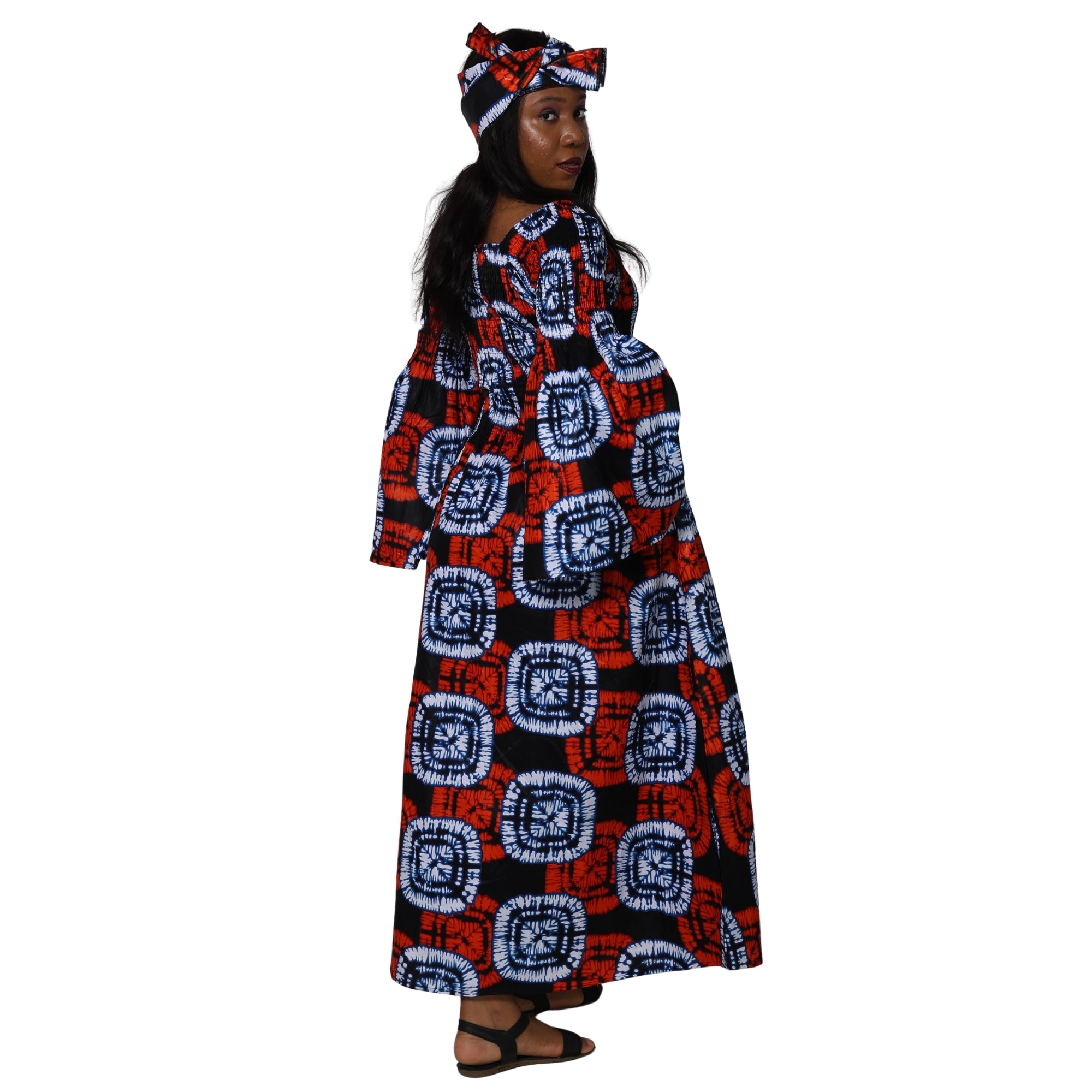 Women's Long Sleeve Smocking Maxi Dress with Bell Sleeves -- FI-50072