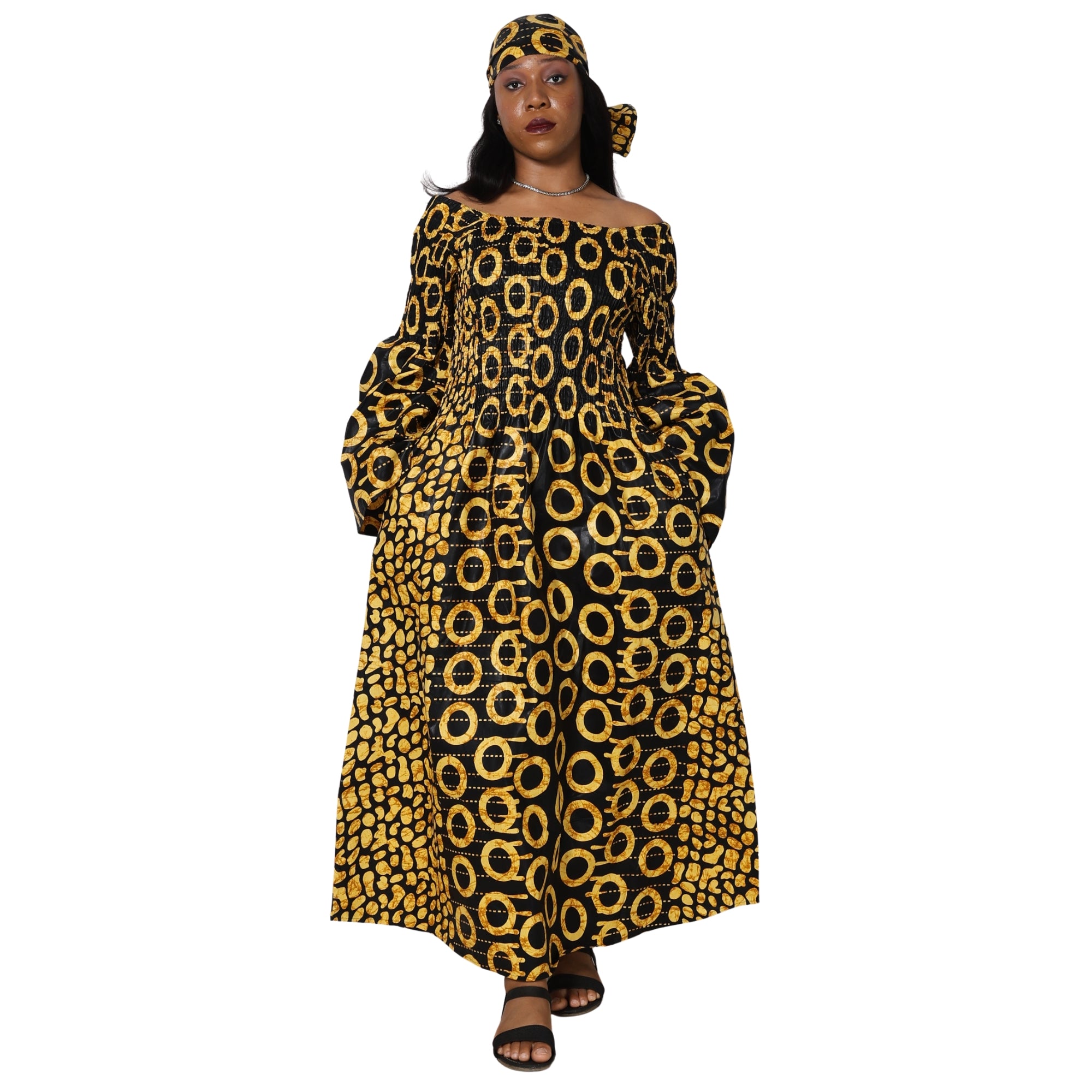 Women's Long Sleeve Smocking Maxi Dress with Bell Sleeves -- FI-50072