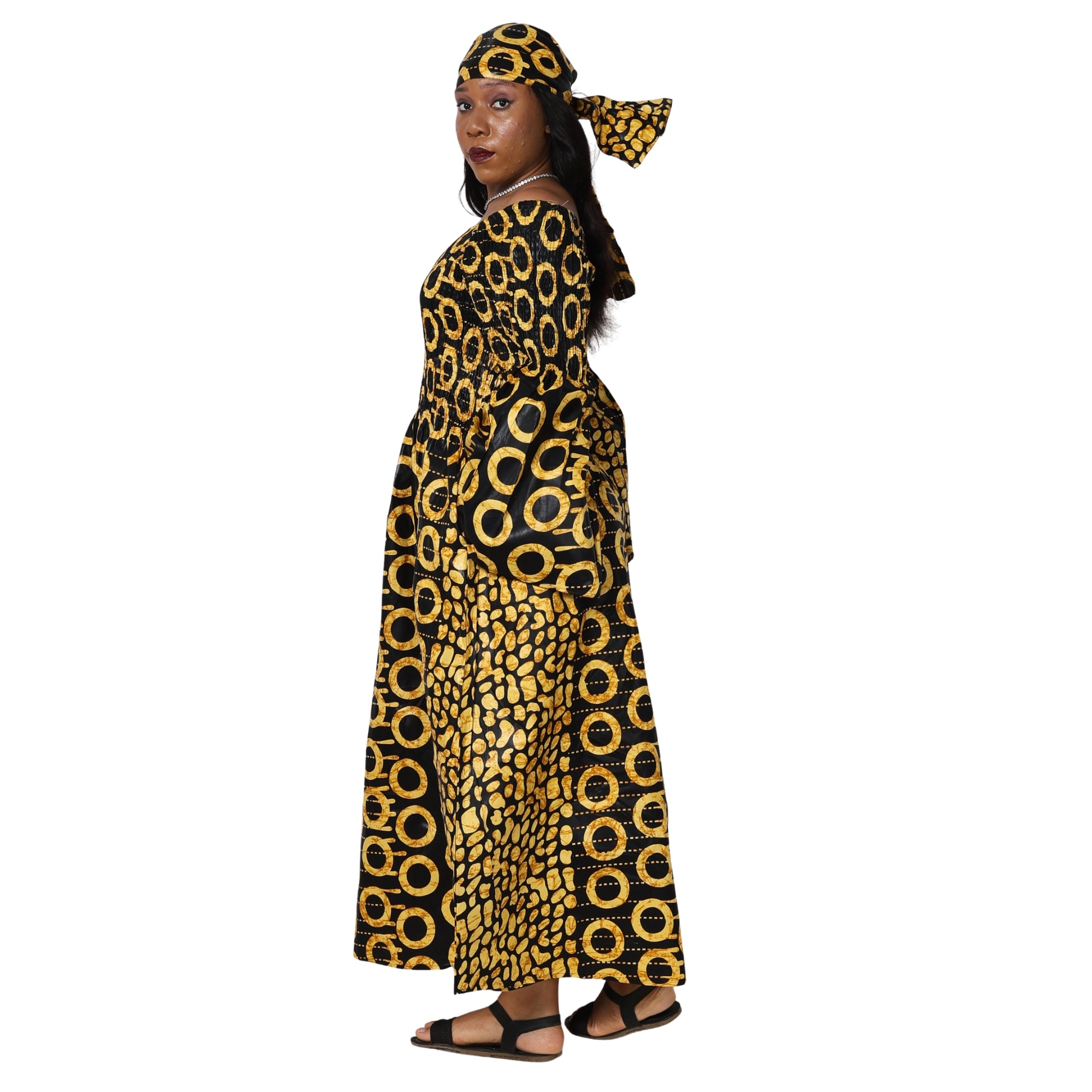 Women's Long Sleeve Smocking Maxi Dress with Bell Sleeves -- FI-50072