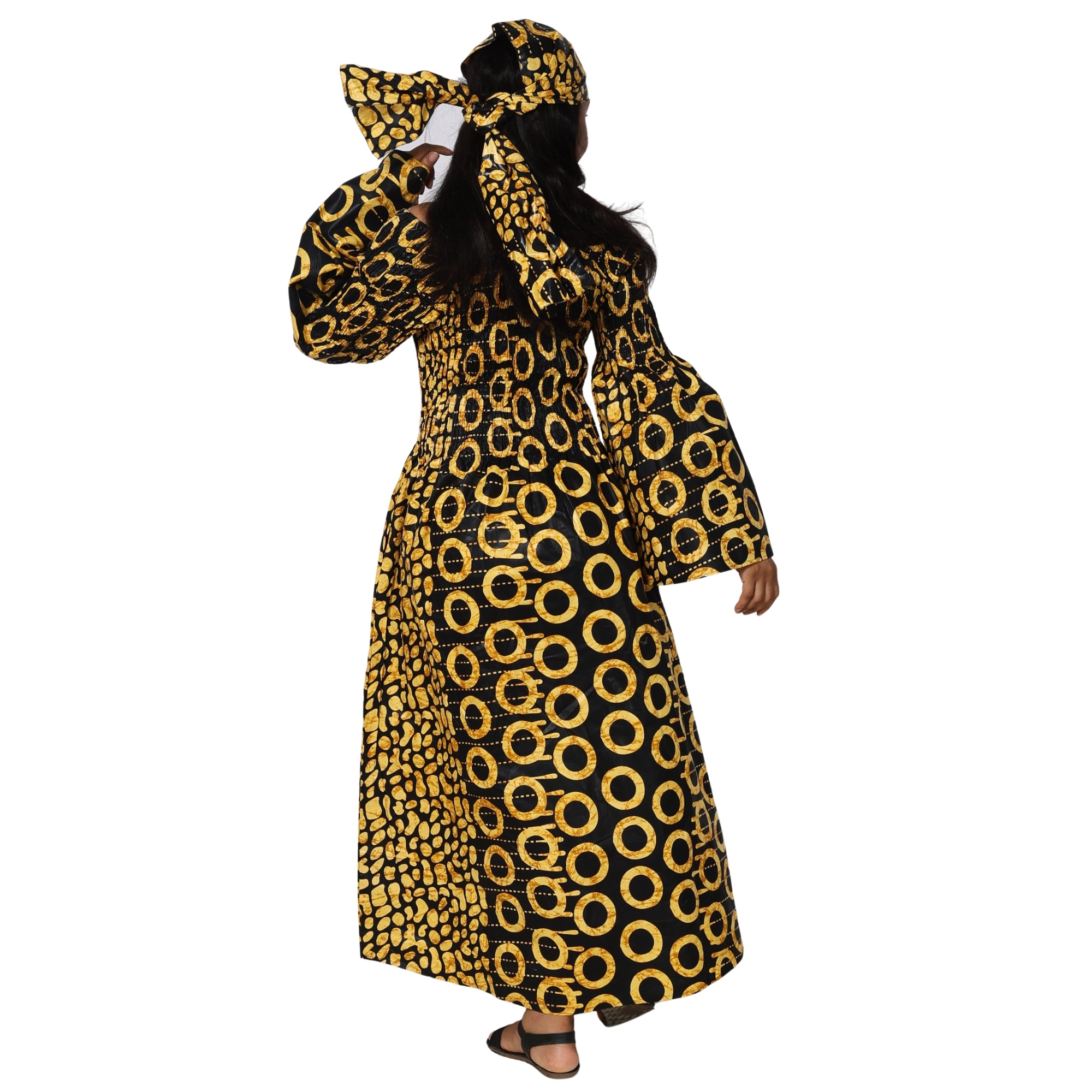 Women's Long Sleeve Smocking Maxi Dress with Bell Sleeves -- FI-50072