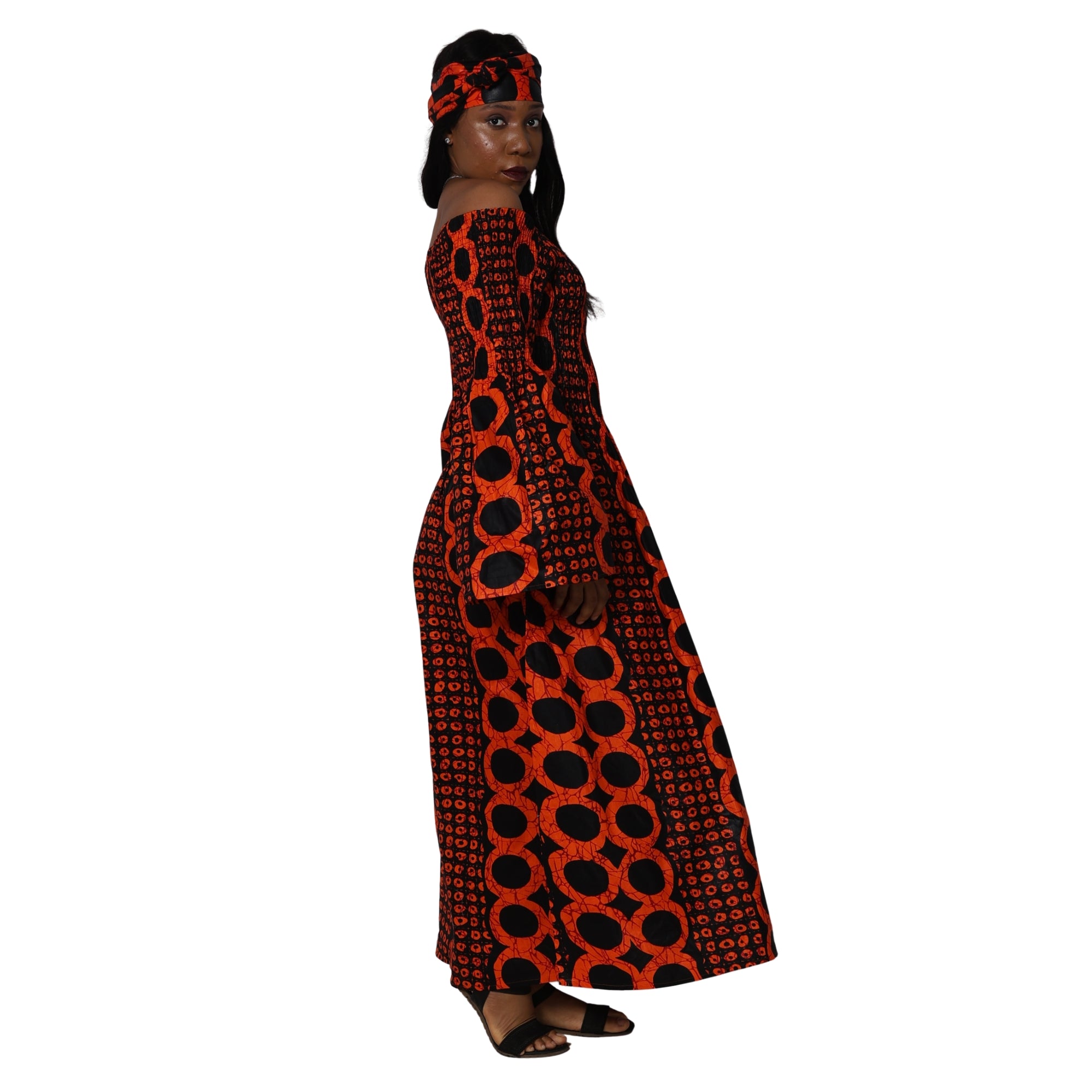 Women's Long Sleeve Smocking Maxi Dress with Bell Sleeves -- FI-50072
