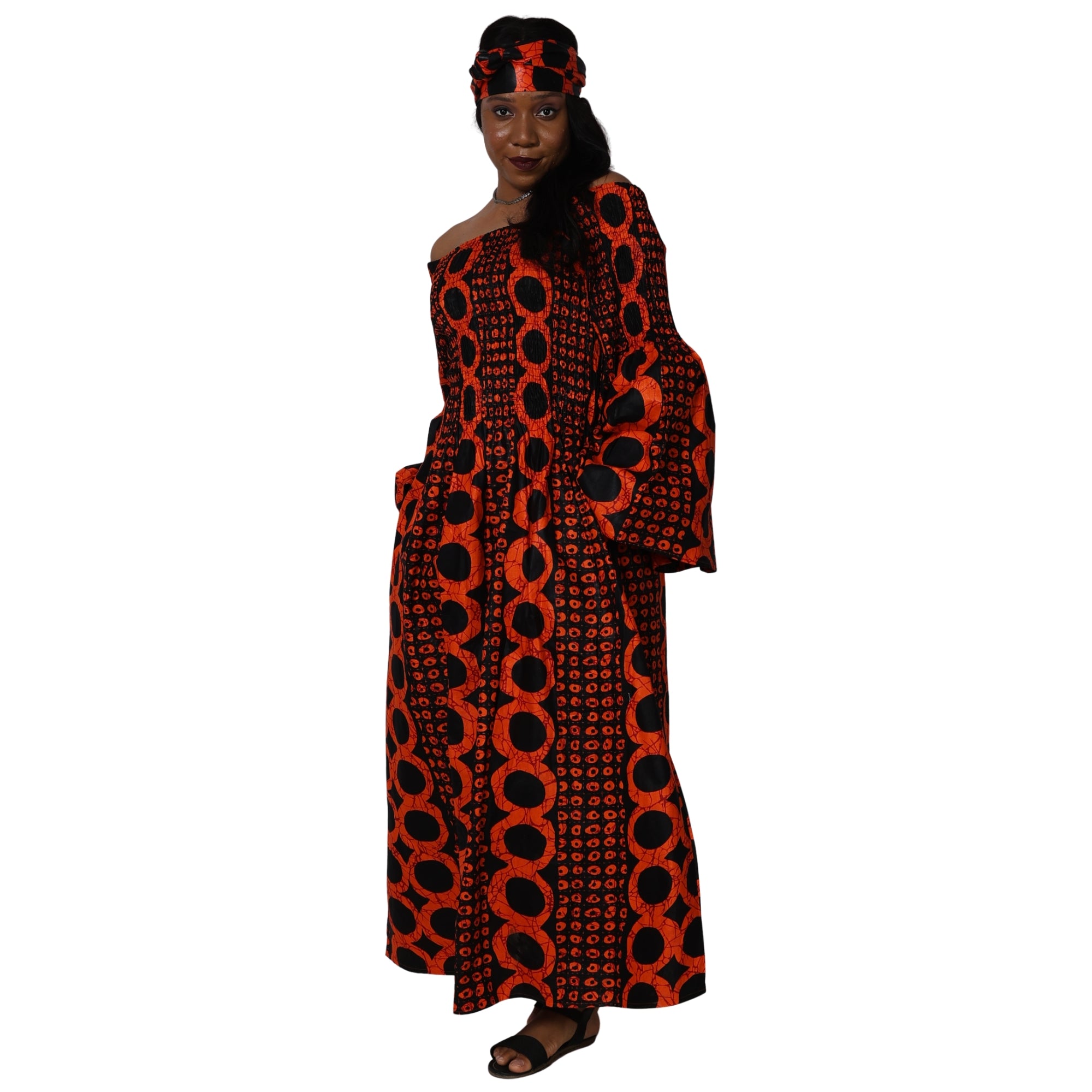 Women's Long Sleeve Smocking Maxi Dress with Bell Sleeves -- FI-50072