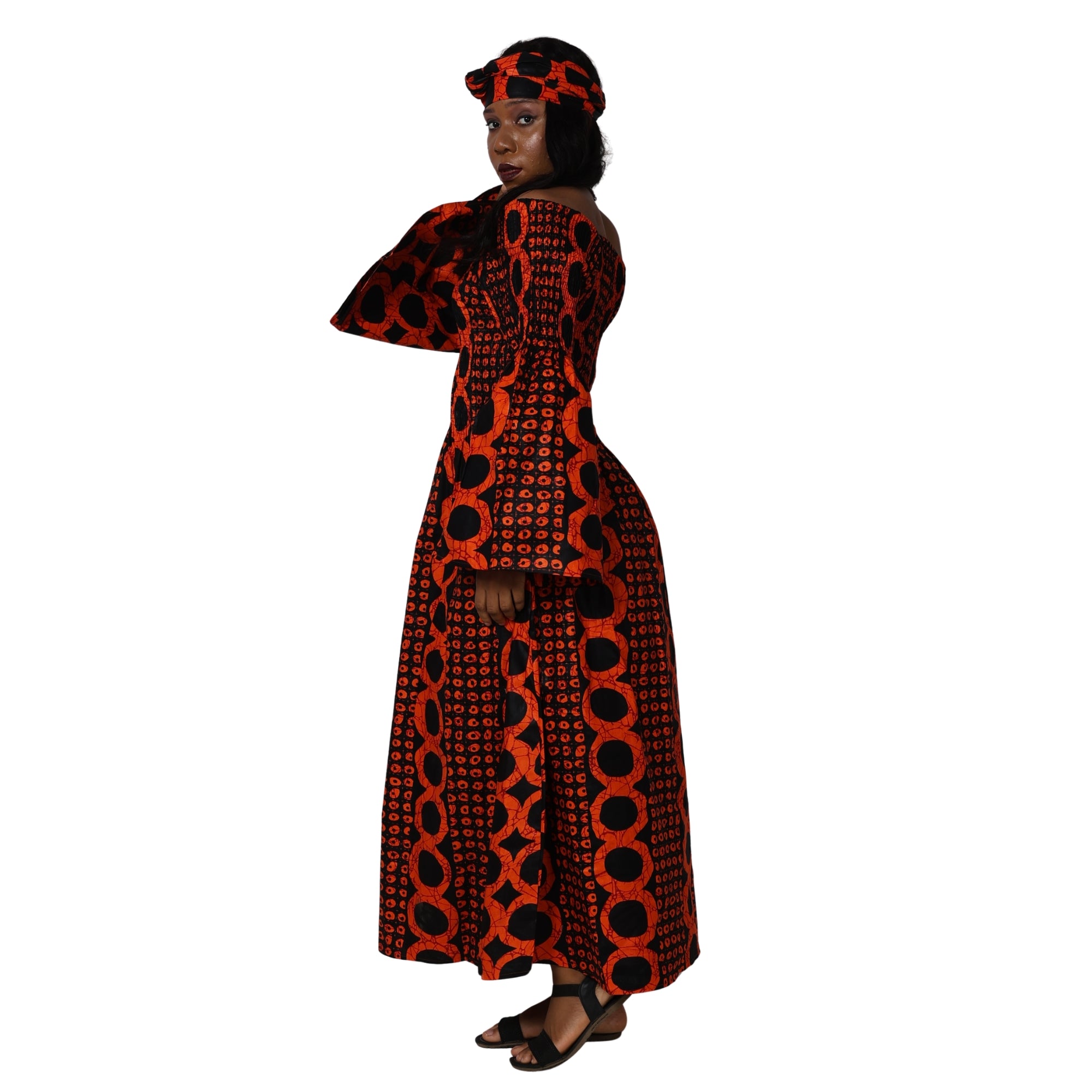 Women's Long Sleeve Smocking Maxi Dress with Bell Sleeves -- FI-50072