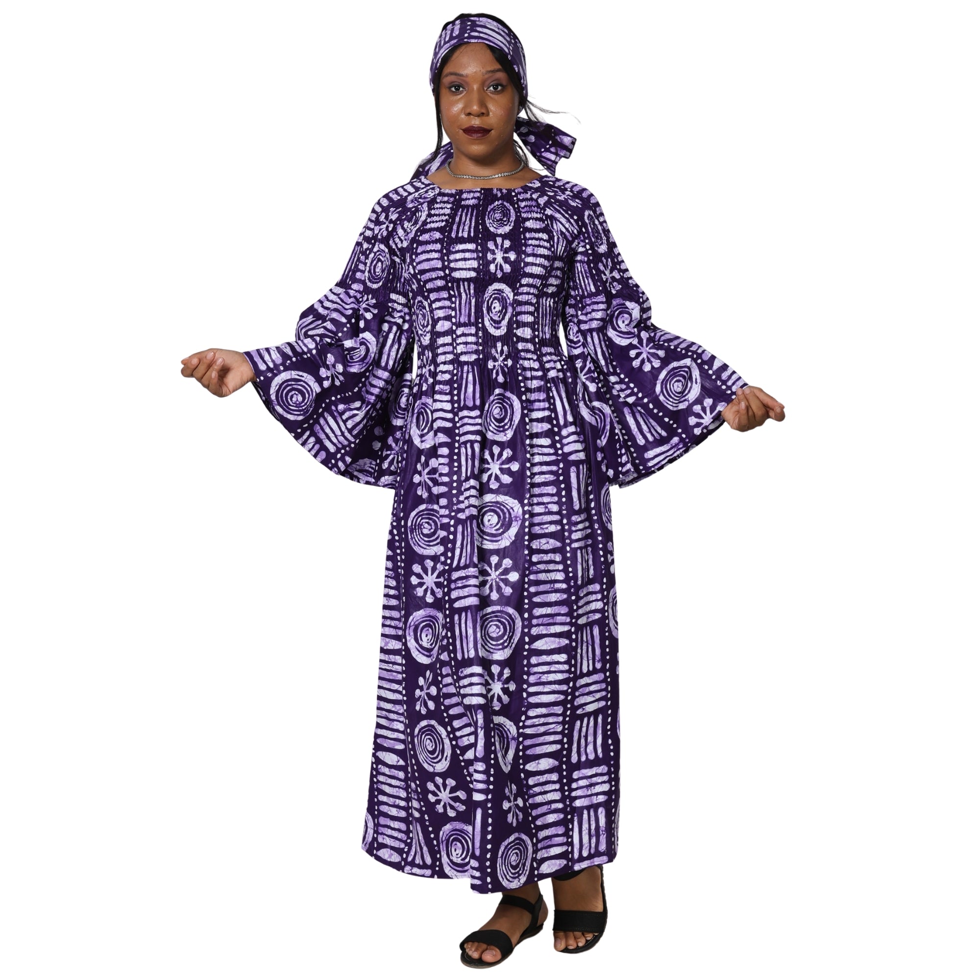Women's Long Sleeve Smocking Maxi Dress with Bell Sleeves -- FI-50072