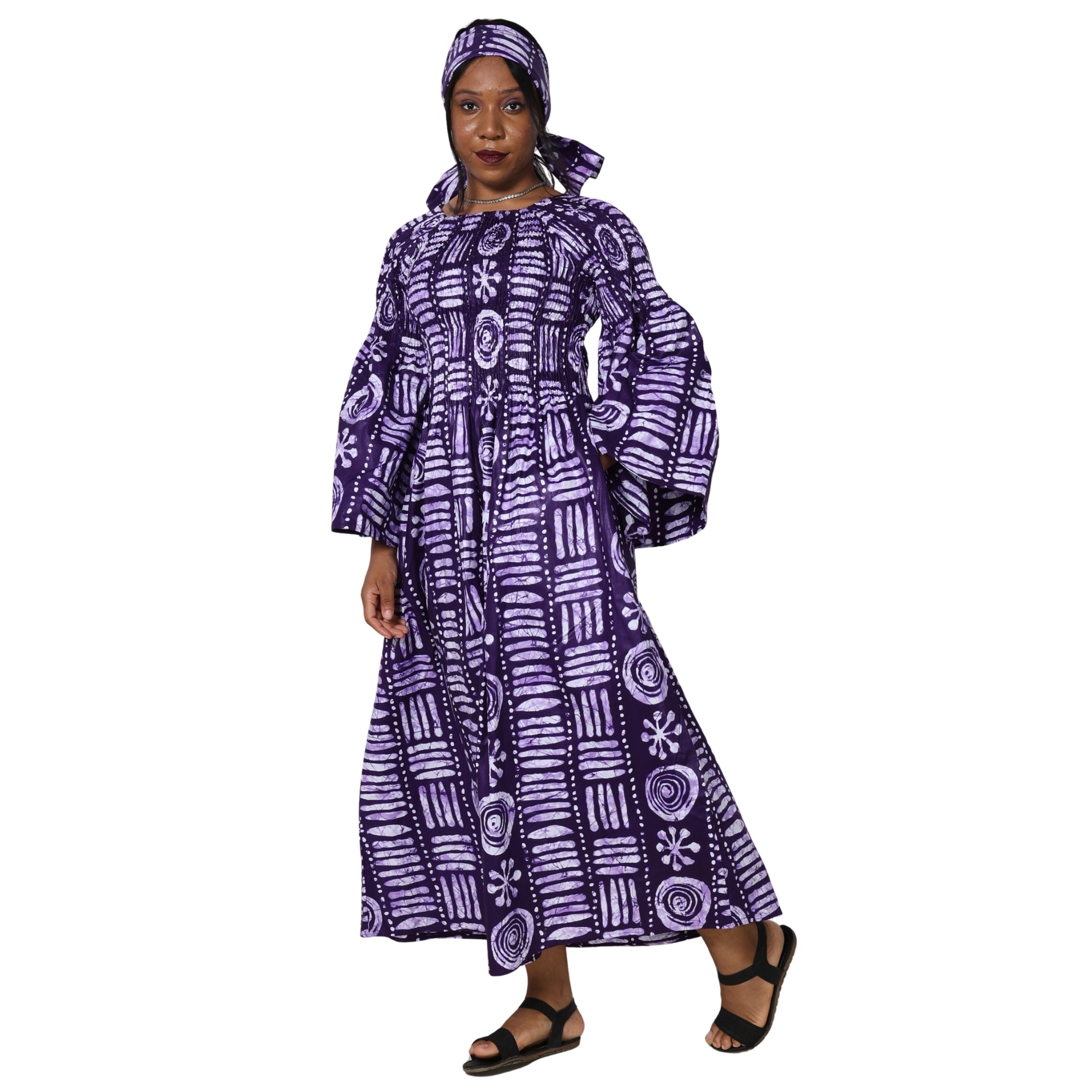 Women's Long Sleeve Smocking Maxi Dress with Bell Sleeves -- FI-50072
