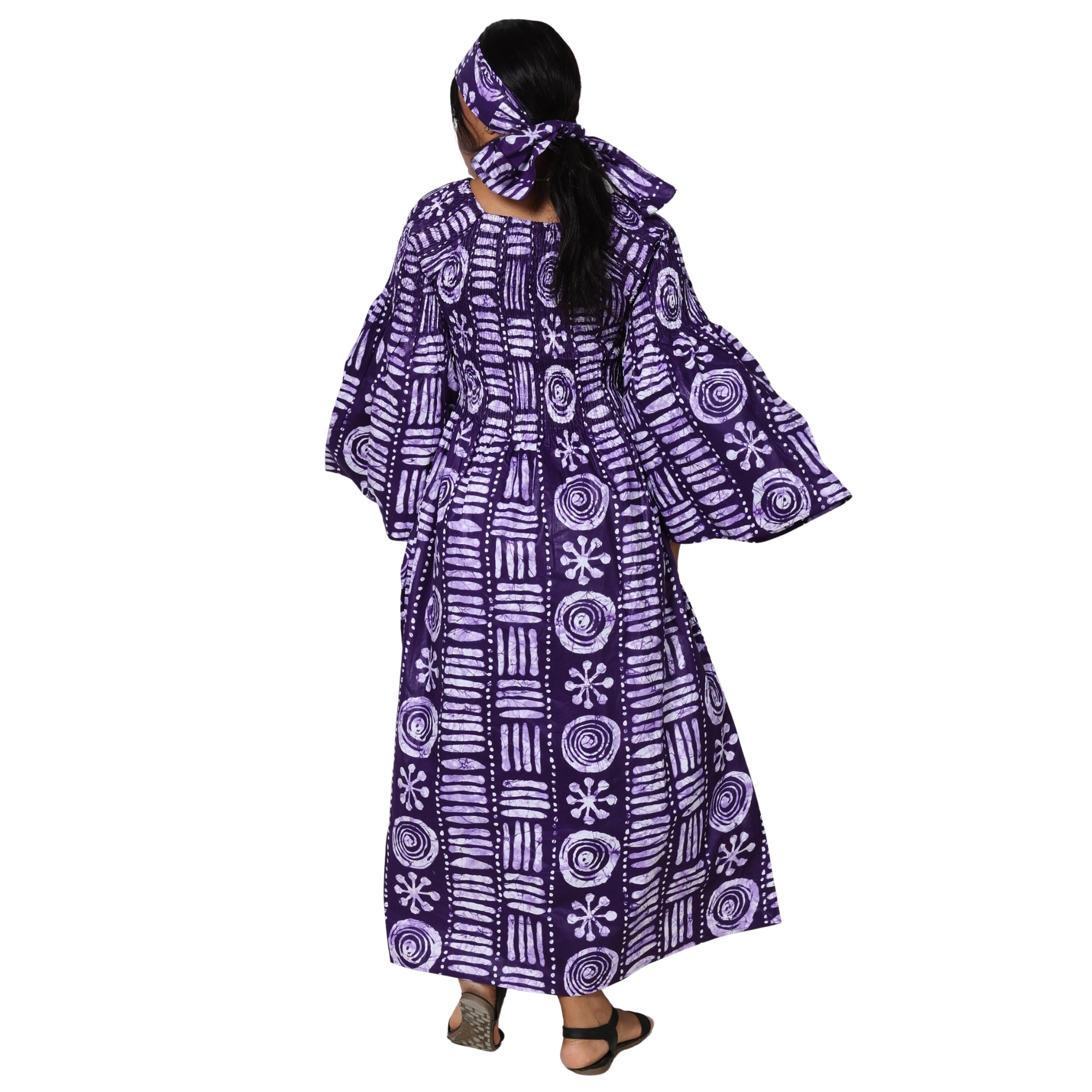 Women's Long Sleeve Smocking Maxi Dress with Bell Sleeves -- FI-50072