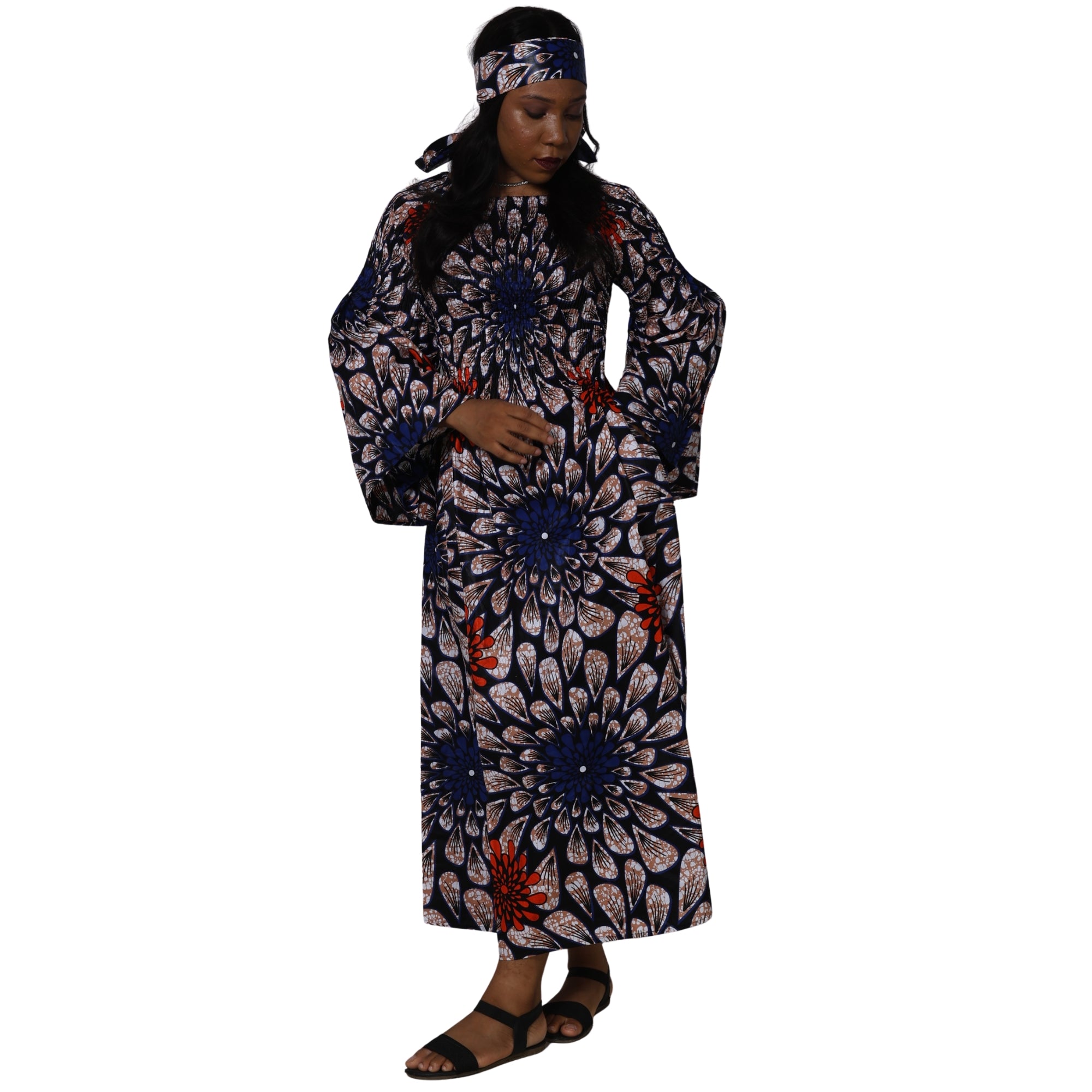 Women's Long Sleeve Smocking Maxi Dress with Bell Sleeves -- FI-50072