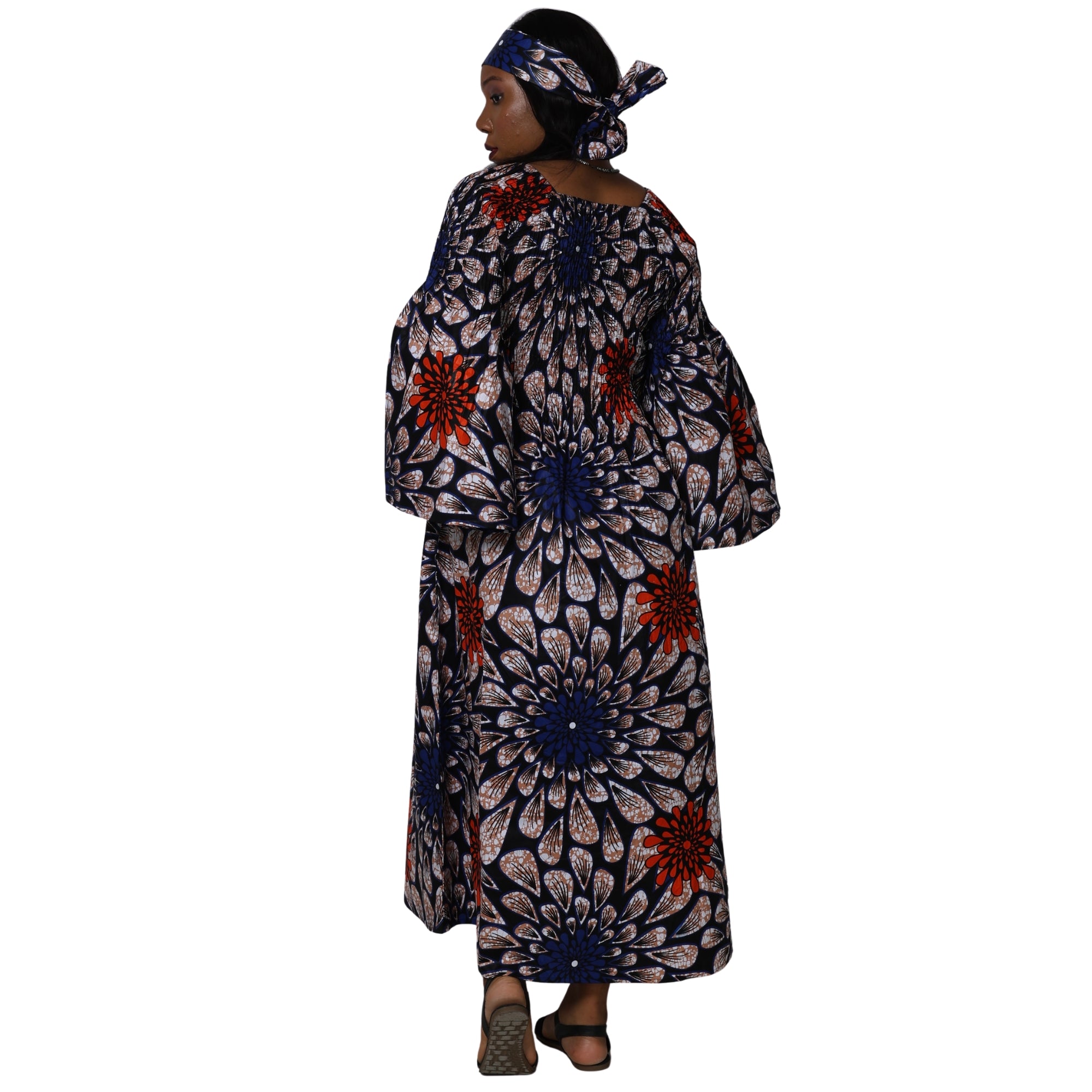 Women's Long Sleeve Smocking Maxi Dress with Bell Sleeves -- FI-50072