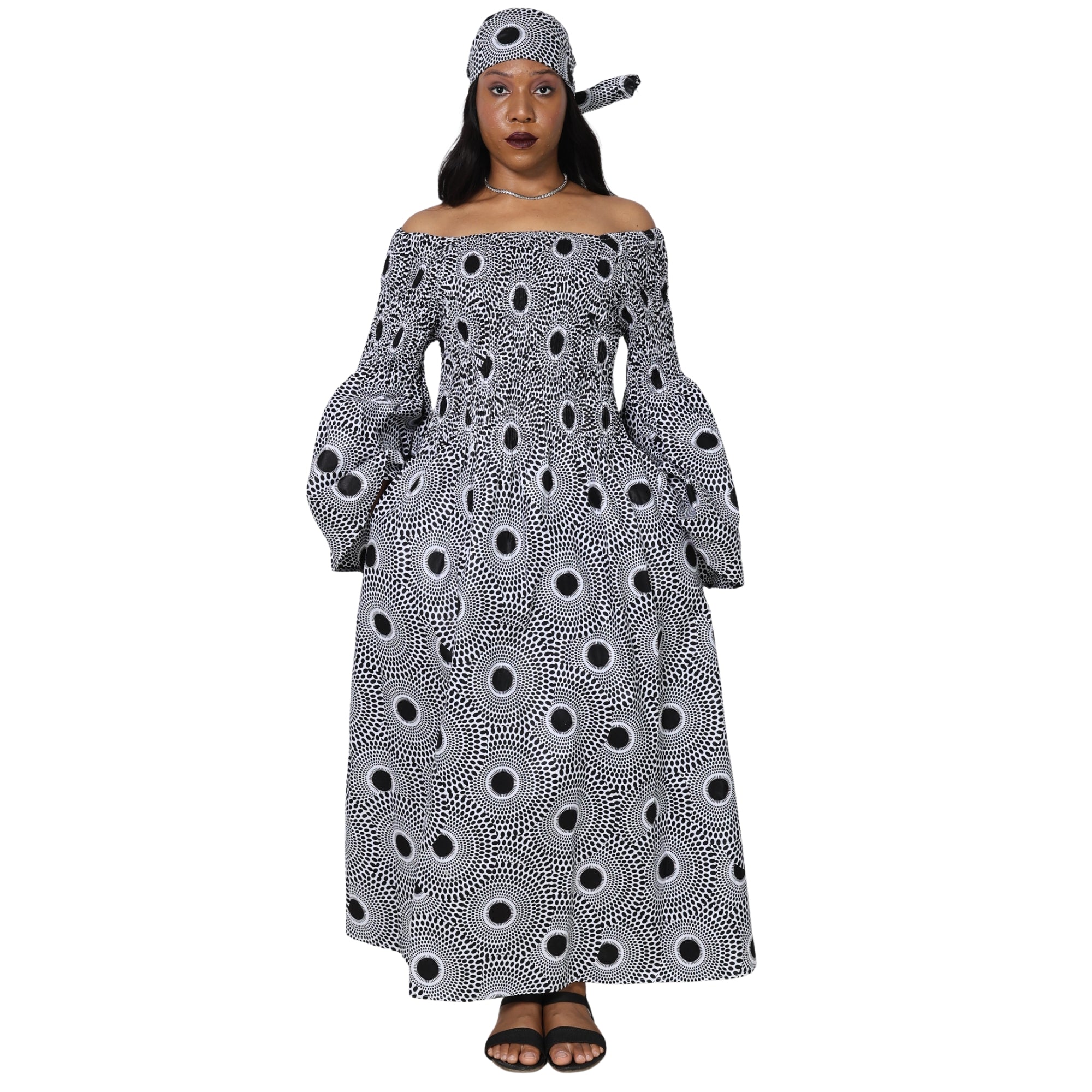 Women's Long Sleeve Smocking Maxi Dress with Bell Sleeves -- FI-50072