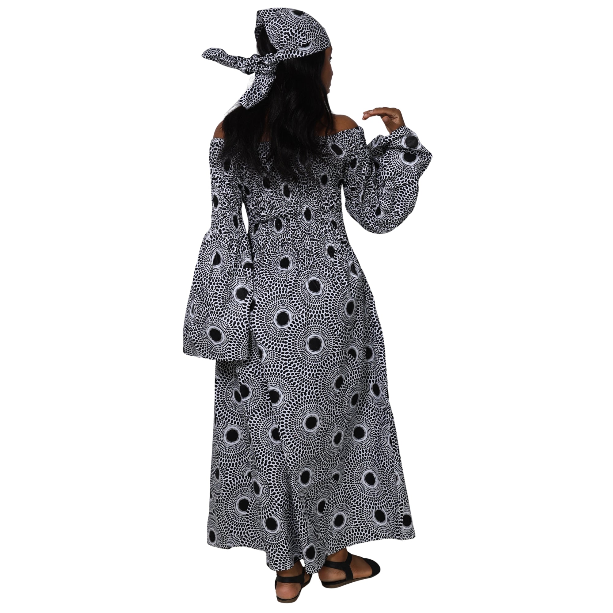 Women's Long Sleeve Smocking Maxi Dress with Bell Sleeves -- FI-50072