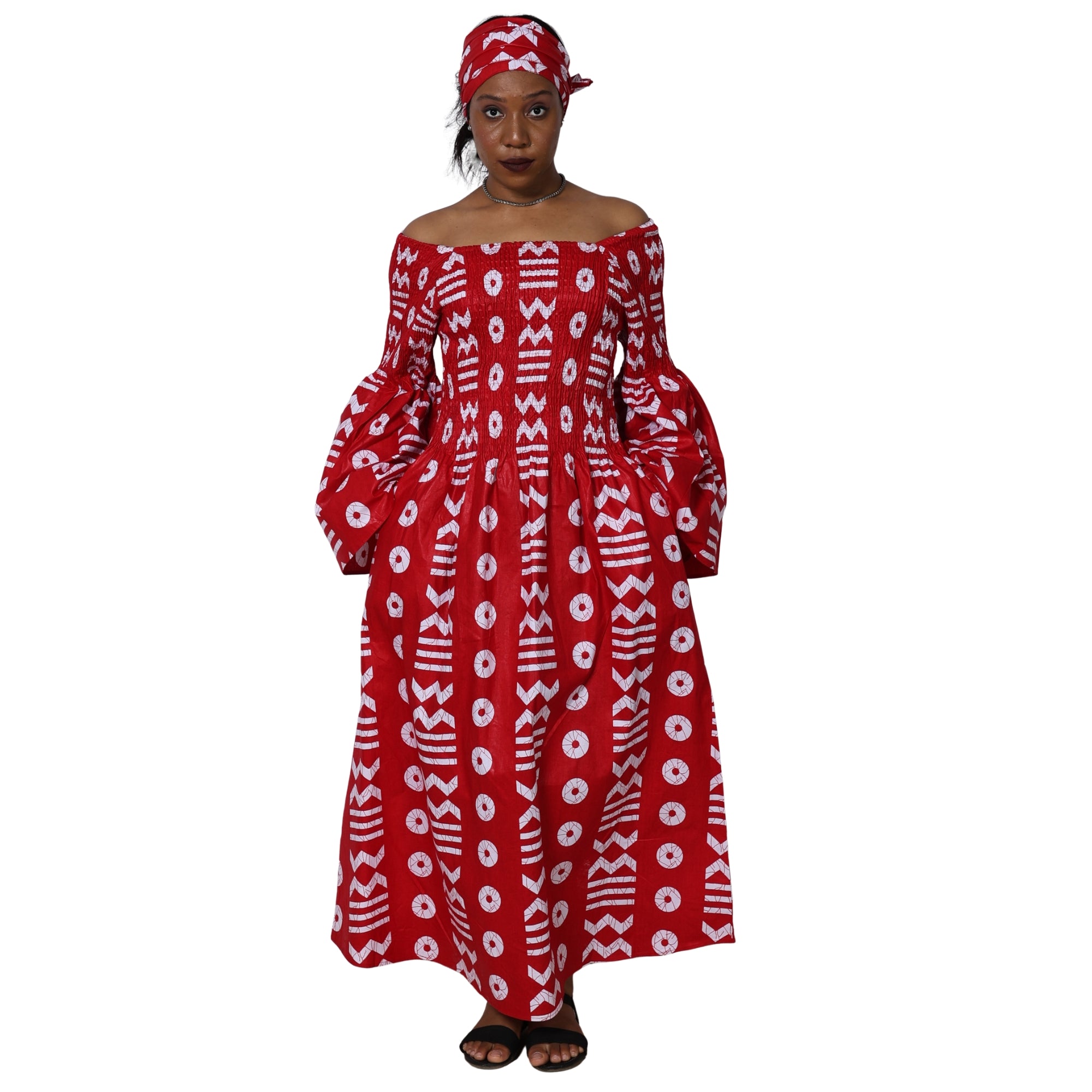 Women's Long Sleeve Smocking Maxi Dress with Bell Sleeves -- FI-50072