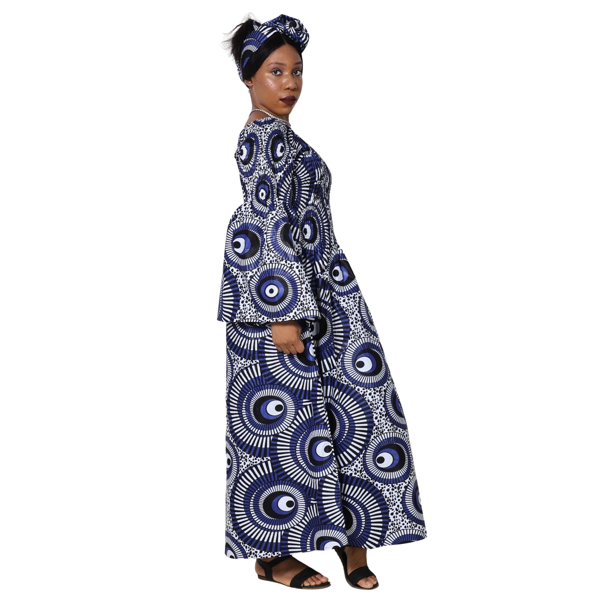 Women's Long Sleeve Smocking Maxi Dress with Bell Sleeves -- FI-50072