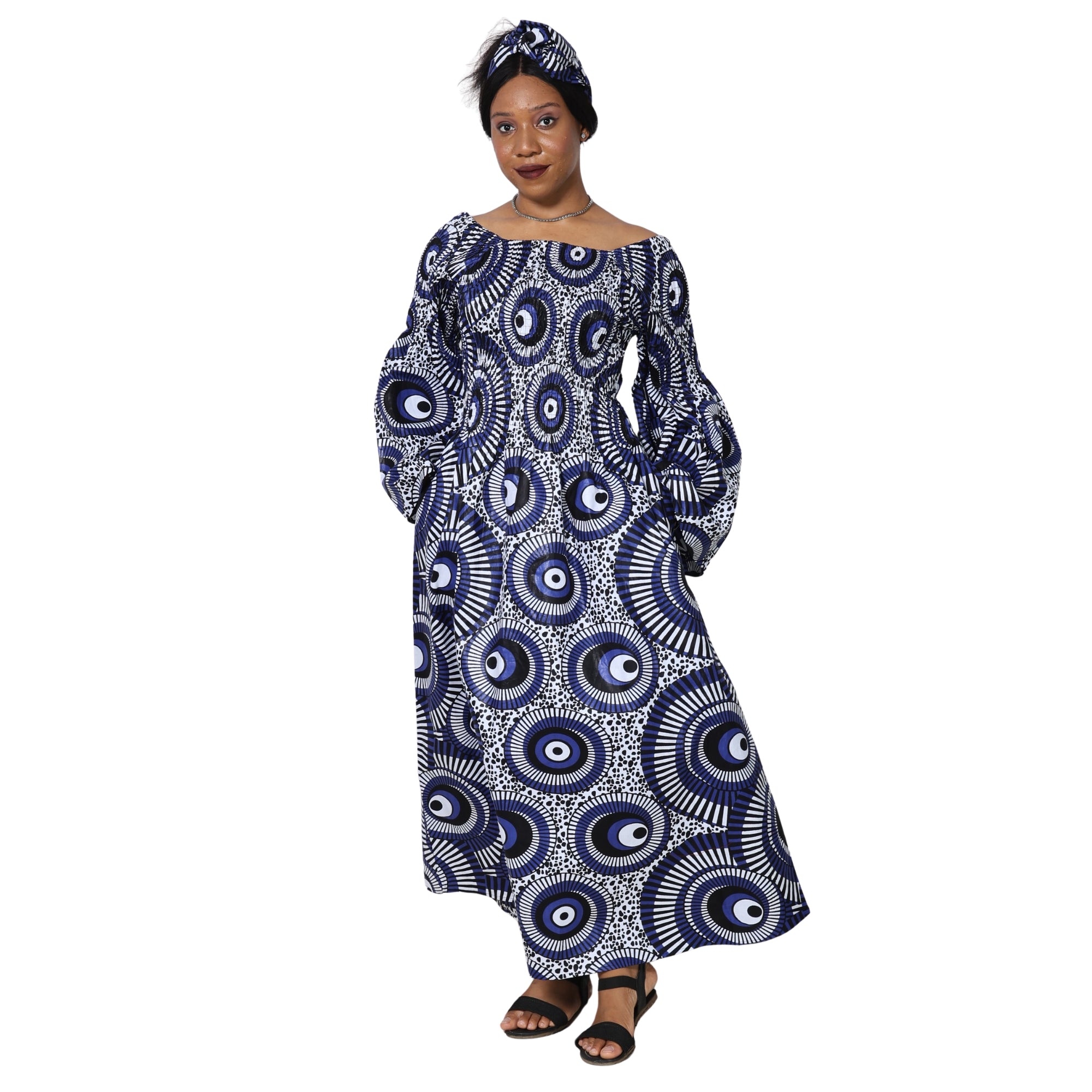 Women's Long Sleeve Smocking Maxi Dress with Bell Sleeves -- FI-50072