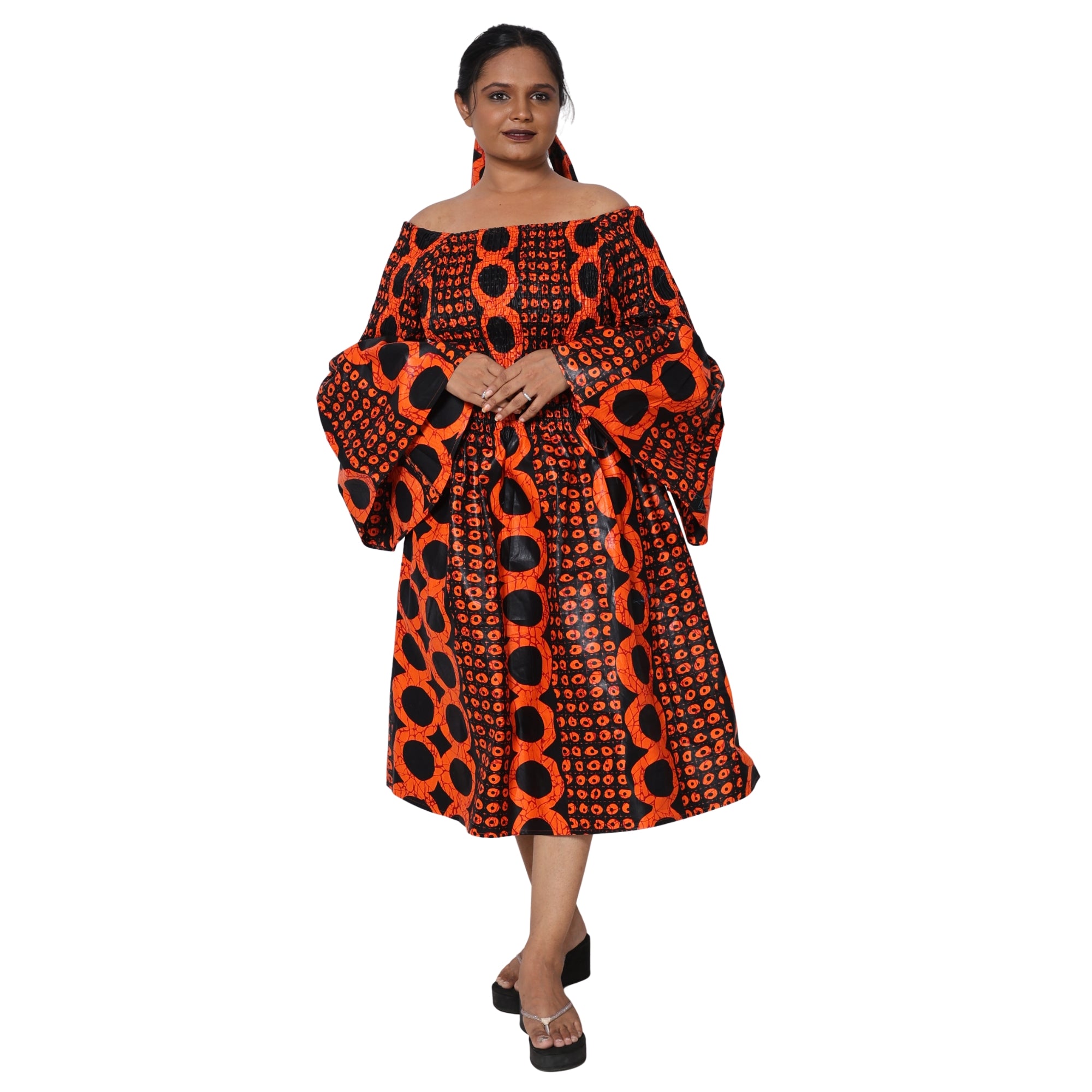 Women's Long Sleeve Smocking Short Dress with Bell Sleeves -- FI-50073