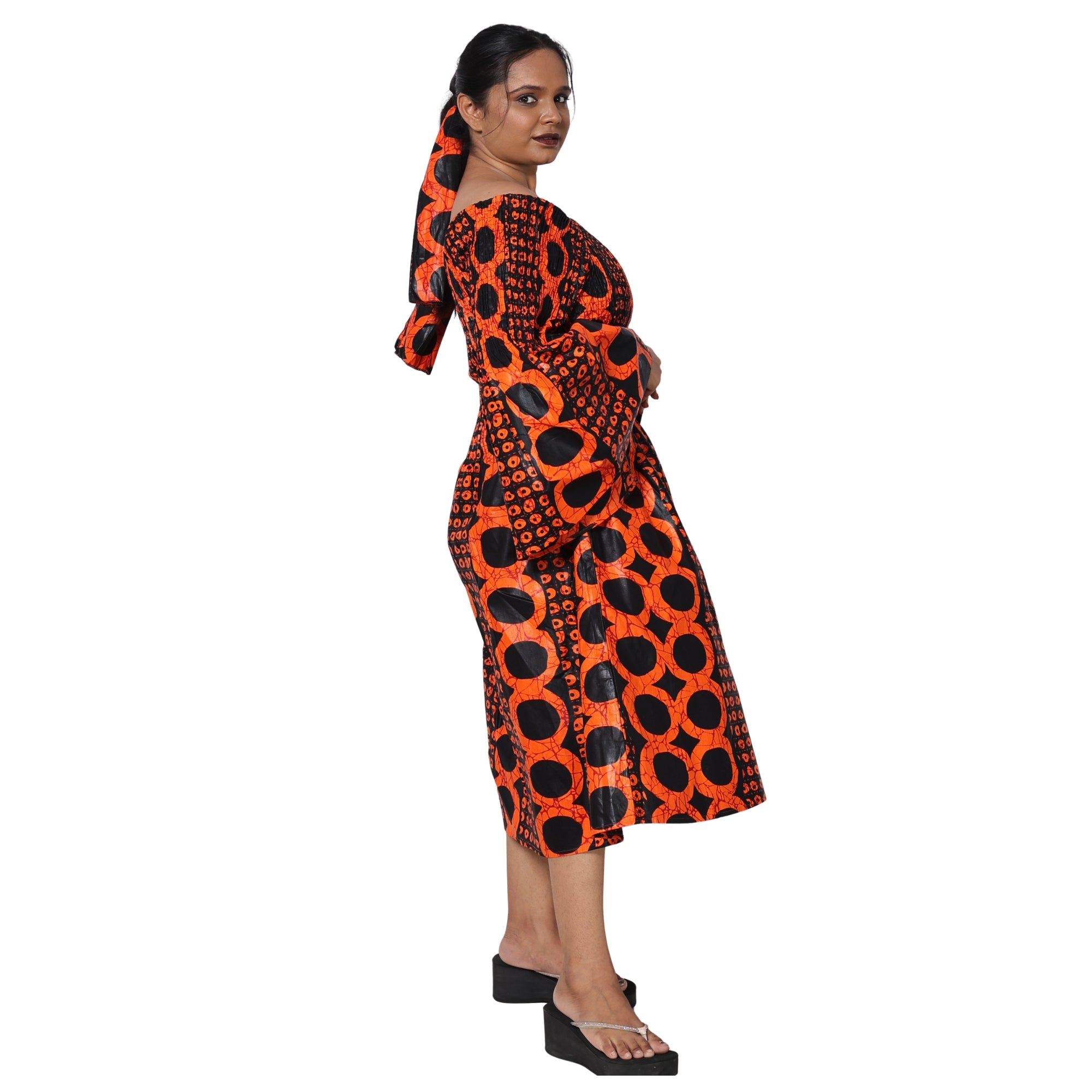 Women's Long Sleeve Smocking Short Dress with Bell Sleeves -- FI-50073