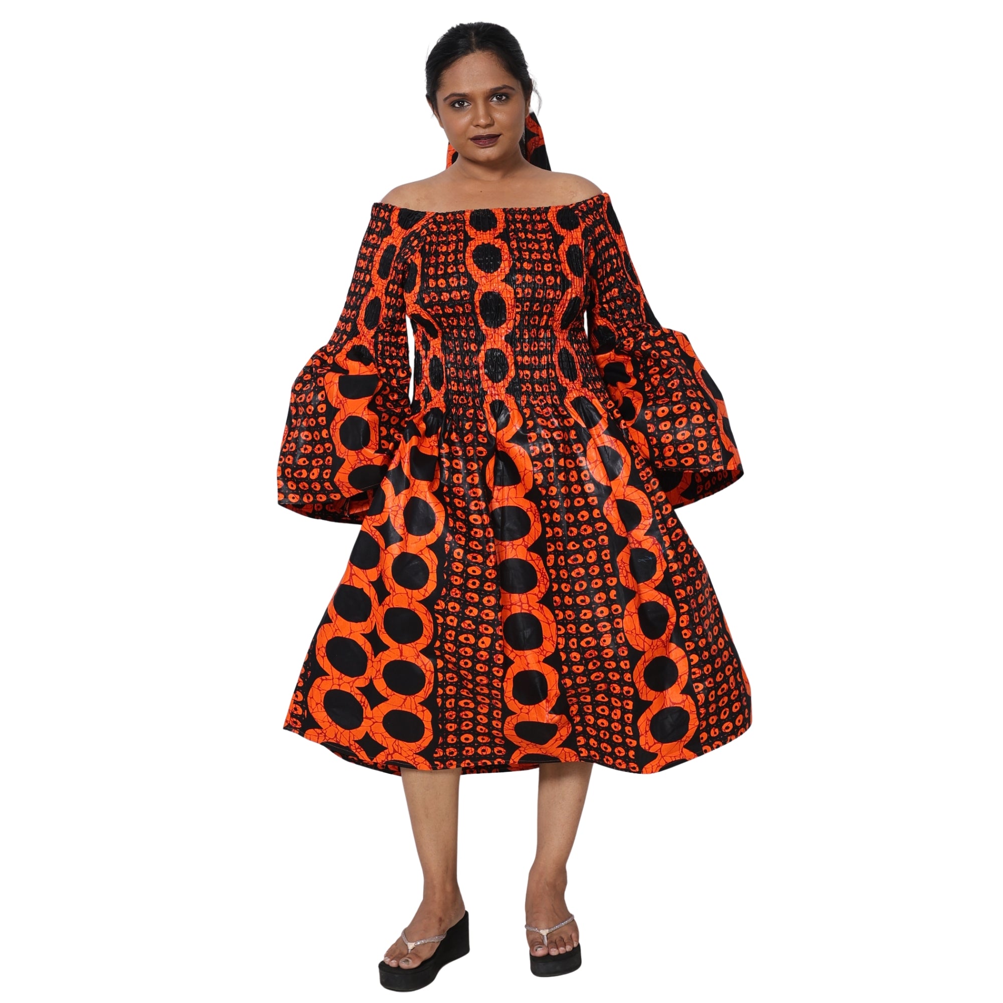 Women's Long Sleeve Smocking Short Dress with Bell Sleeves -- FI-50073