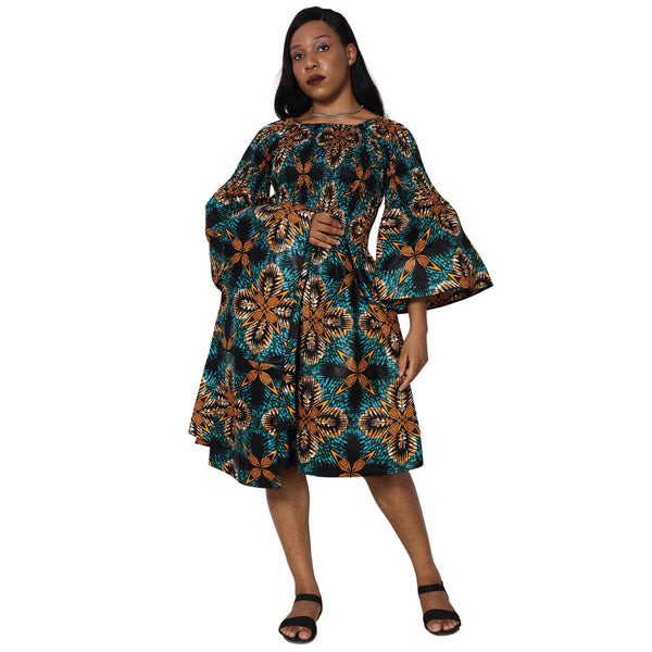 Women's Long Sleeve Smocking Short Dress with Bell Sleeves -- FI-50073