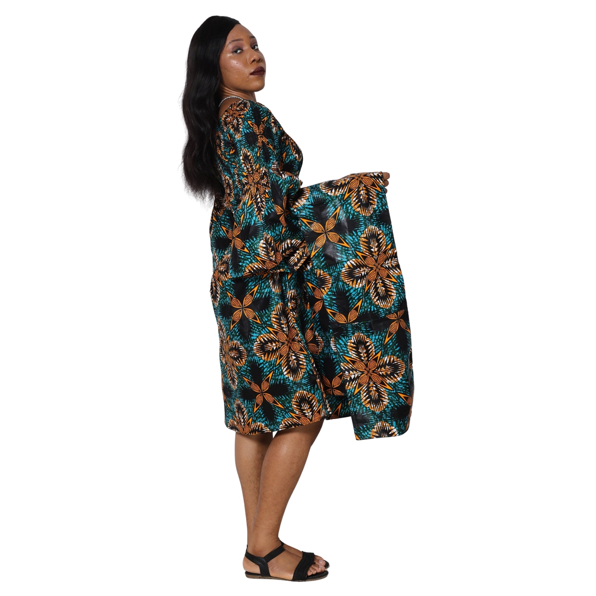 Women's Long Sleeve Smocking Short Dress with Bell Sleeves -- FI-50073