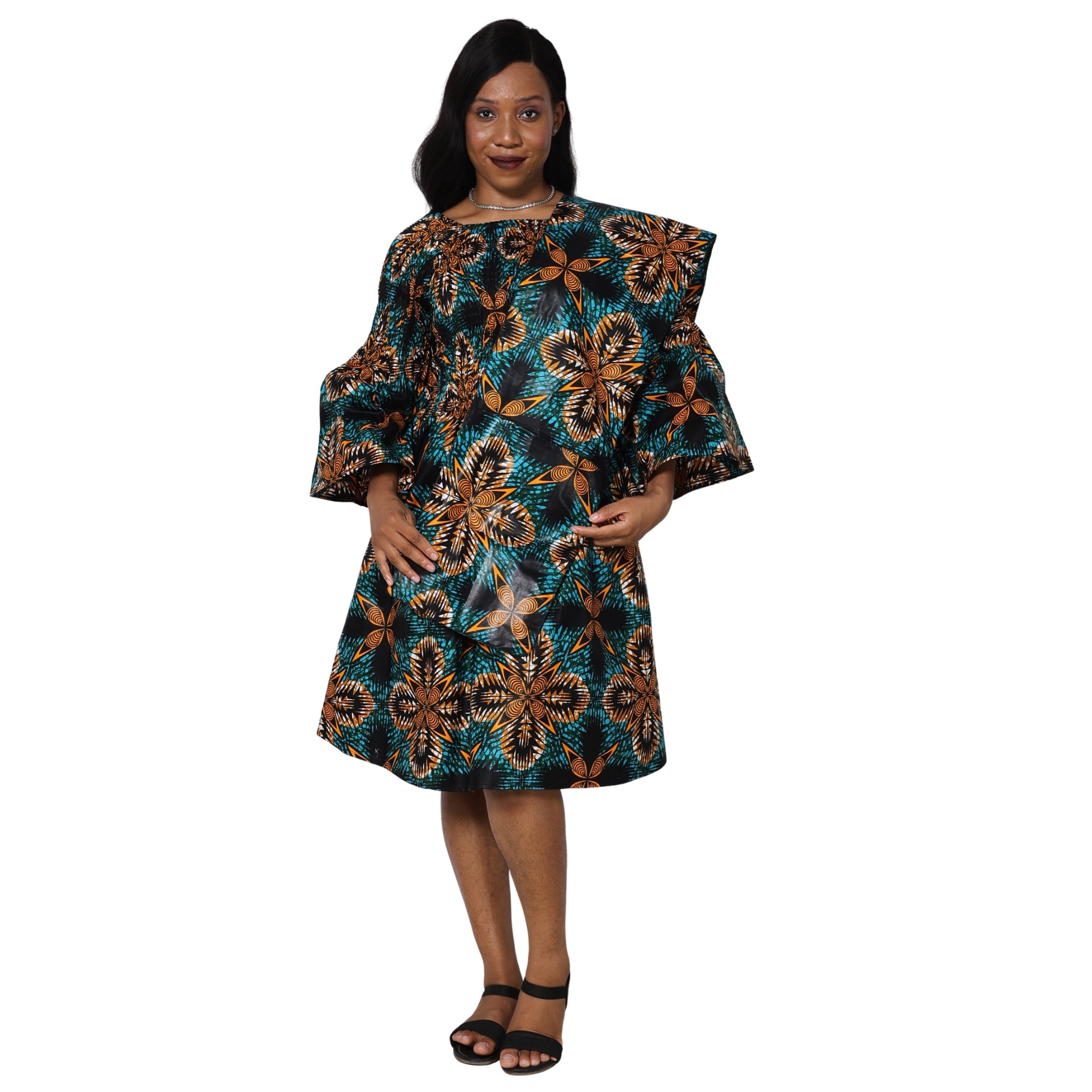 Women's Long Sleeve Smocking Short Dress with Bell Sleeves -- FI-50073