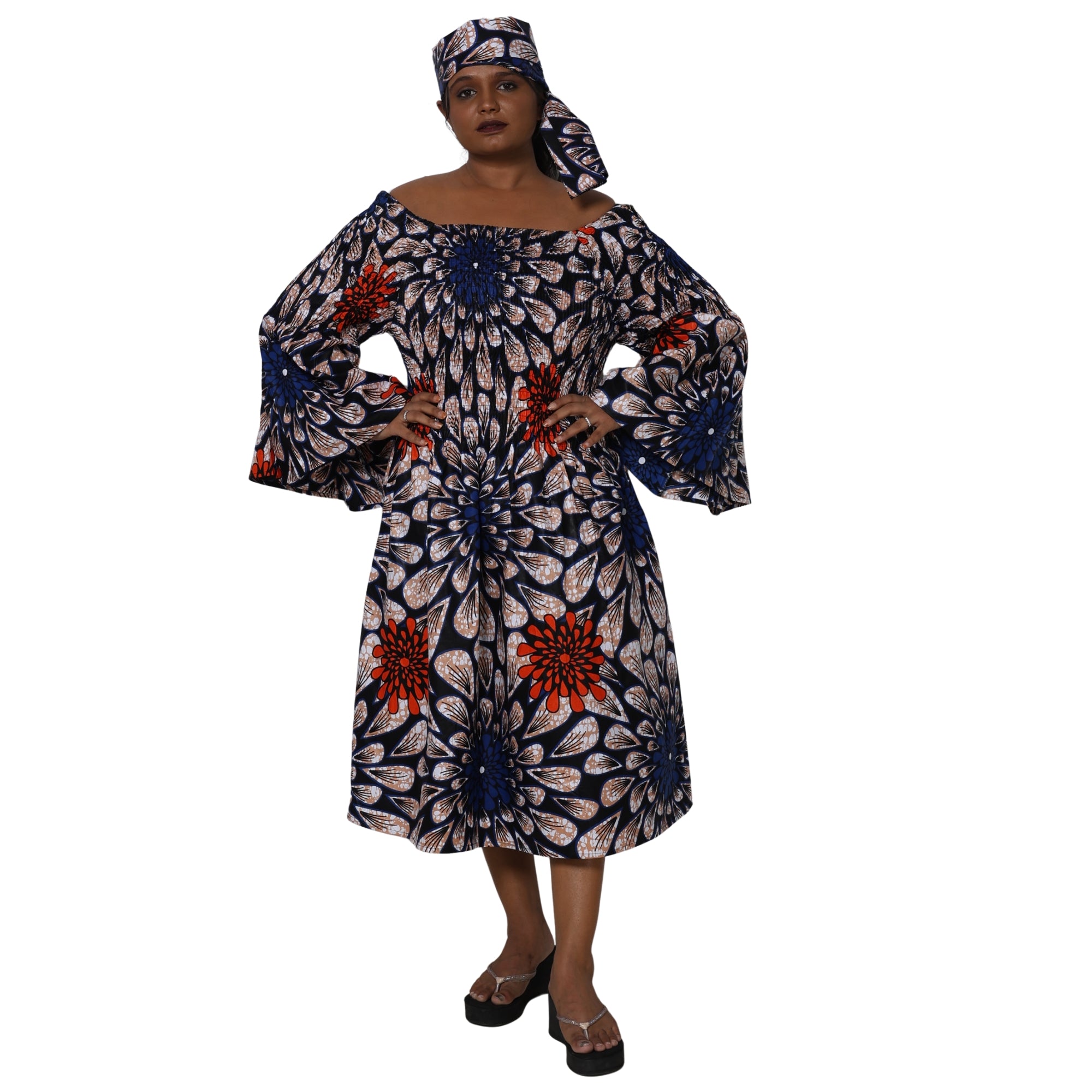 Women's Long Sleeve Smocking Short Dress with Bell Sleeves -- FI-50073