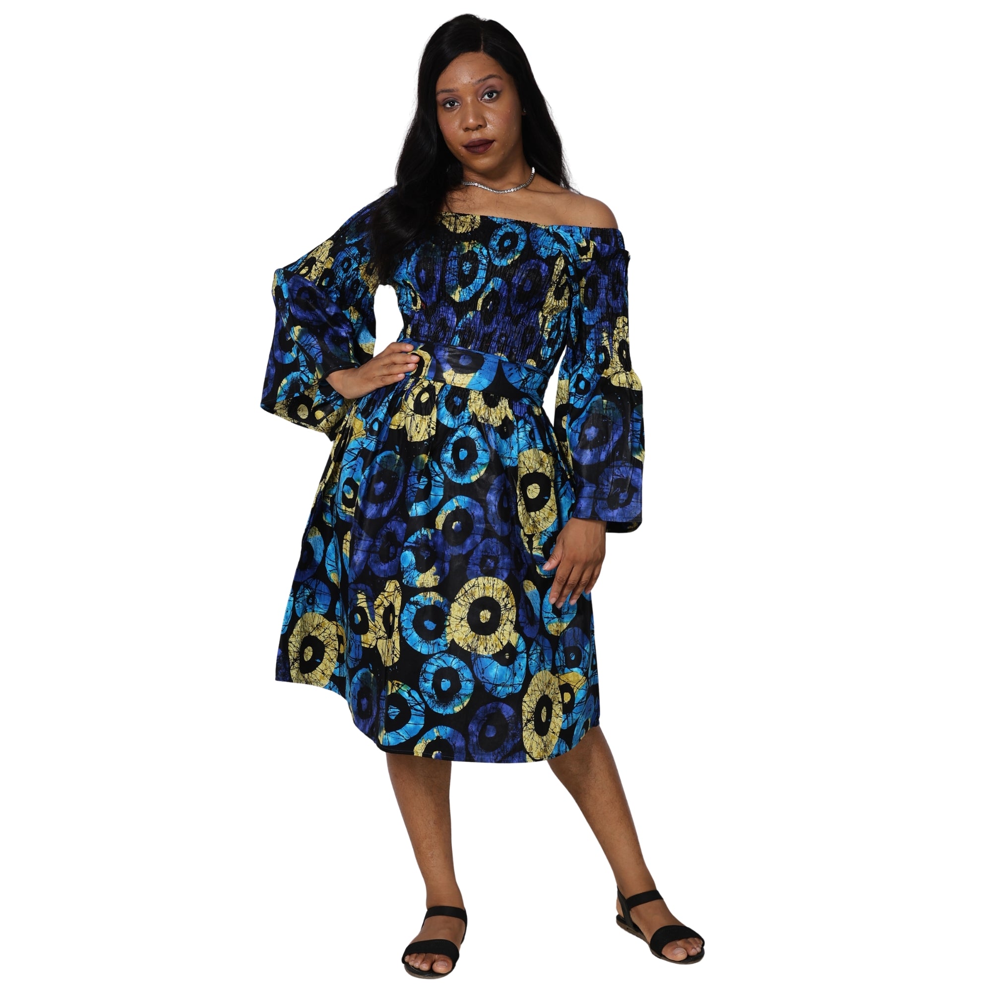Women's Long Sleeve Smocking Short Dress with Bell Sleeves -- FI-50073