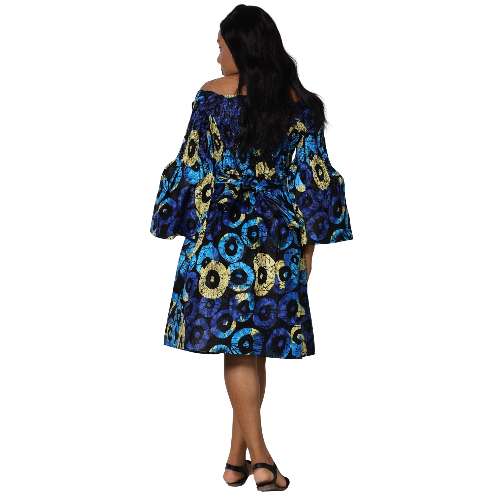 Women's Long Sleeve Smocking Short Dress with Bell Sleeves -- FI-50073