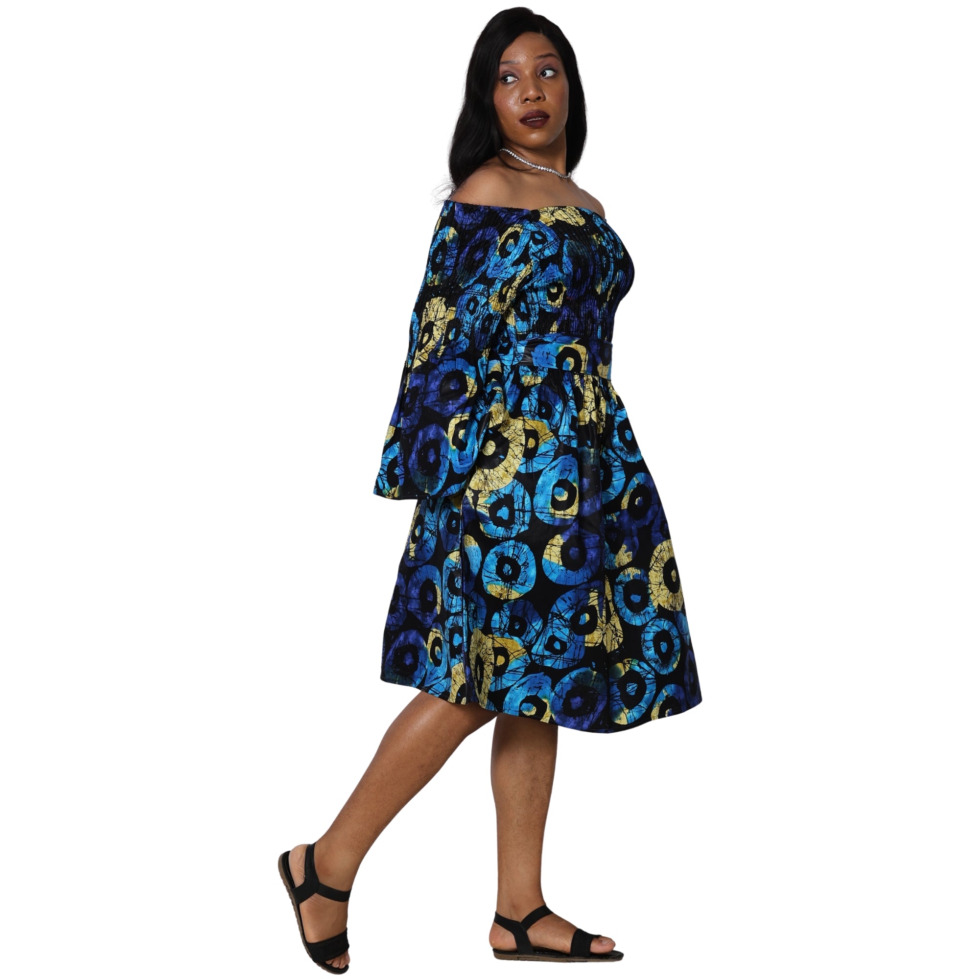 Women's Long Sleeve Smocking Short Dress with Bell Sleeves -- FI-50073