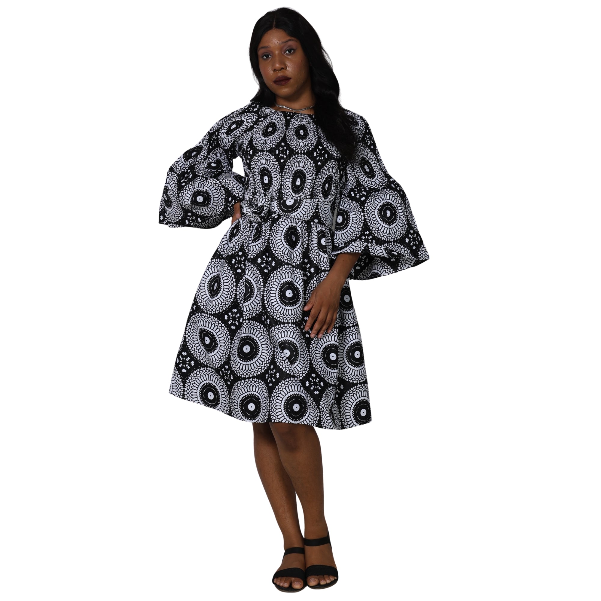 Women's Long Sleeve Smocking Short Dress with Bell Sleeves -- FI-50073