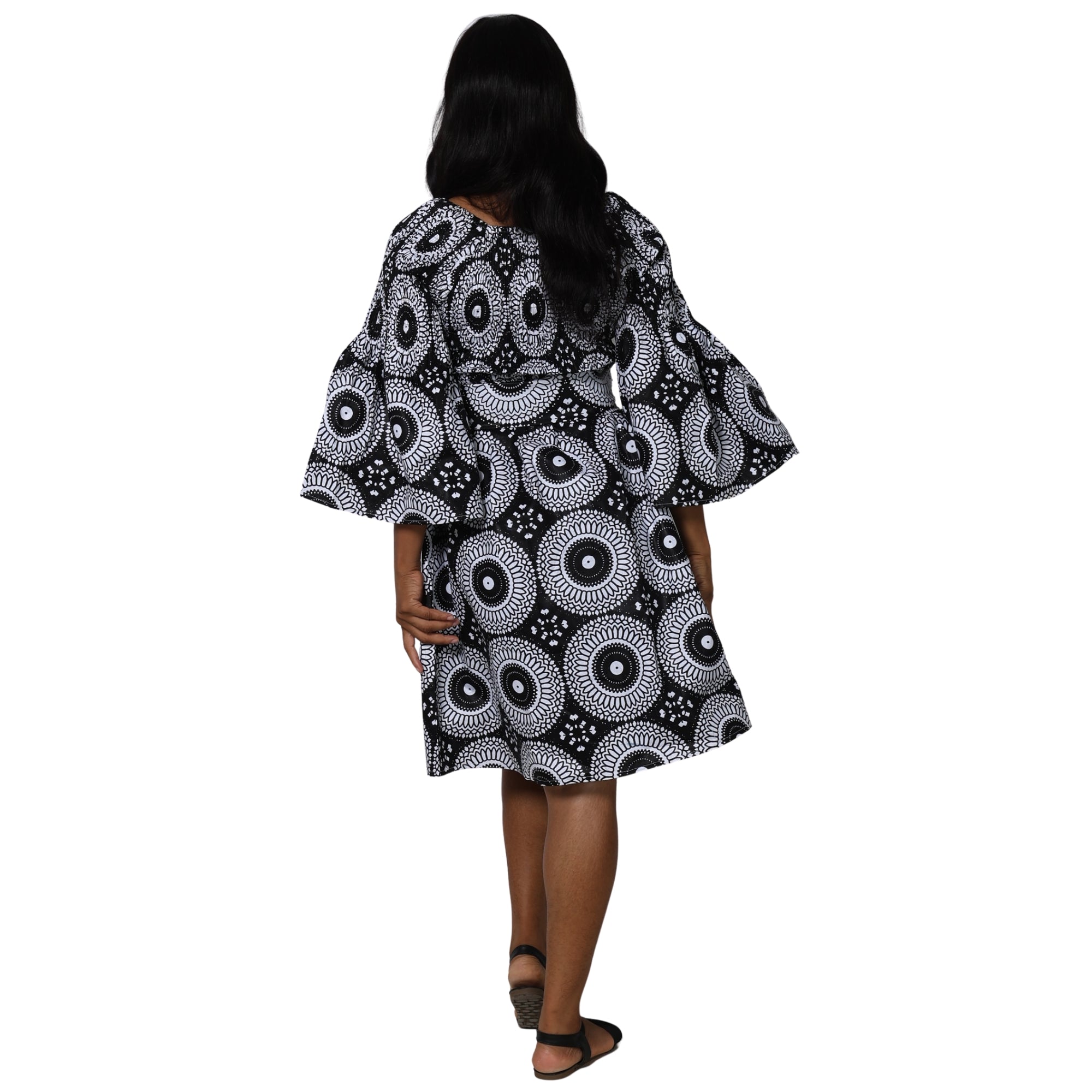Women's Long Sleeve Smocking Short Dress with Bell Sleeves -- FI-50073