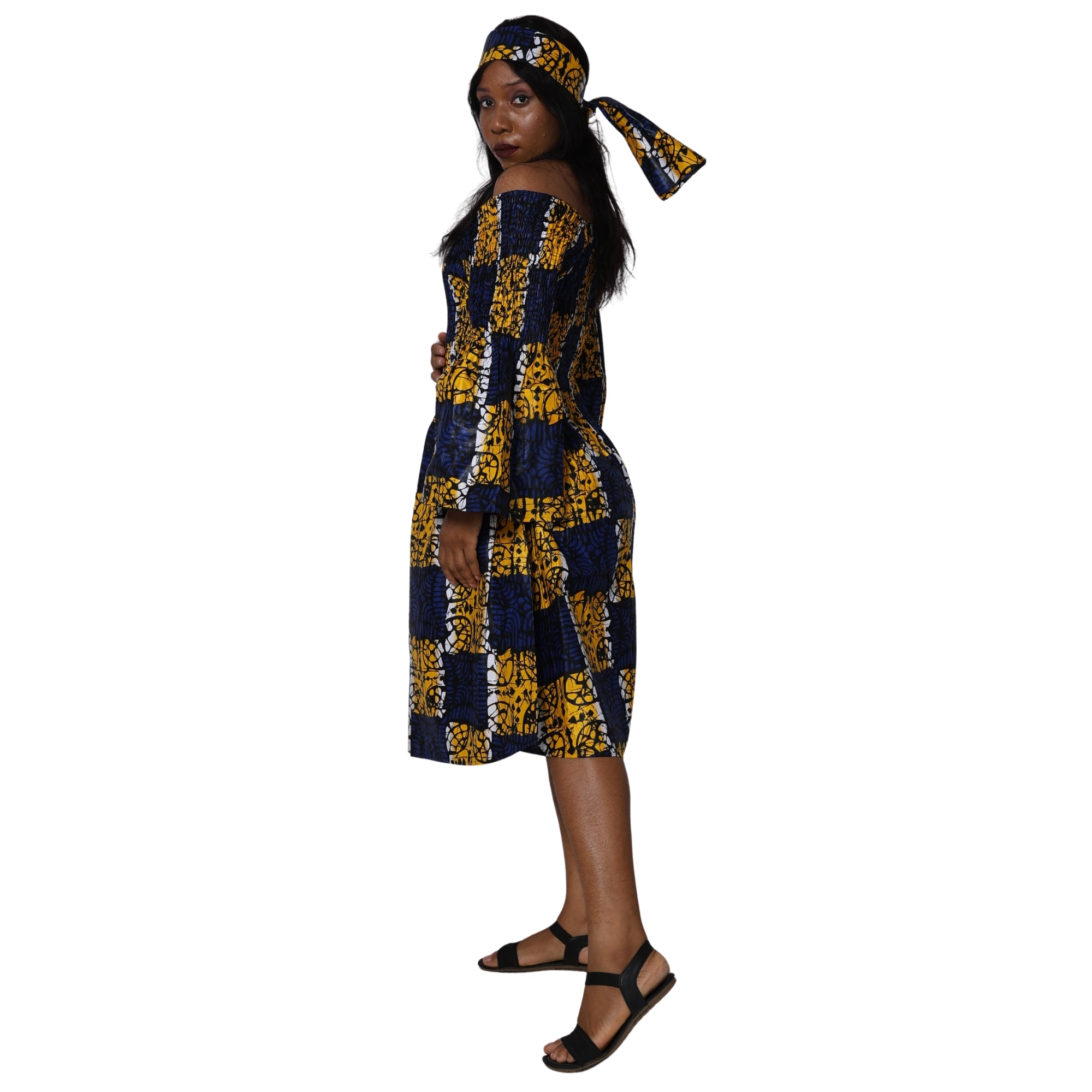 Women's Long Sleeve Smocking Short Dress with Bell Sleeves -- FI-50073