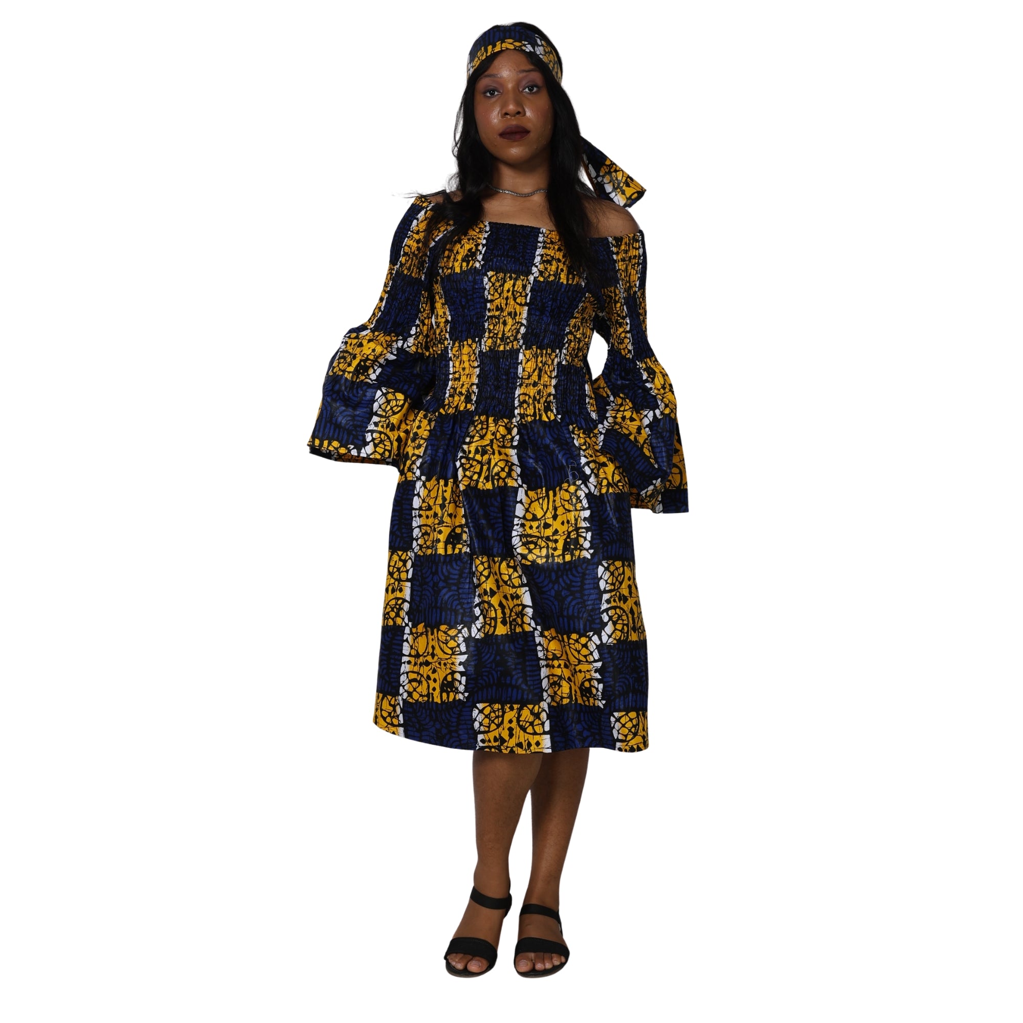 Women's Long Sleeve Smocking Short Dress with Bell Sleeves -- FI-50073