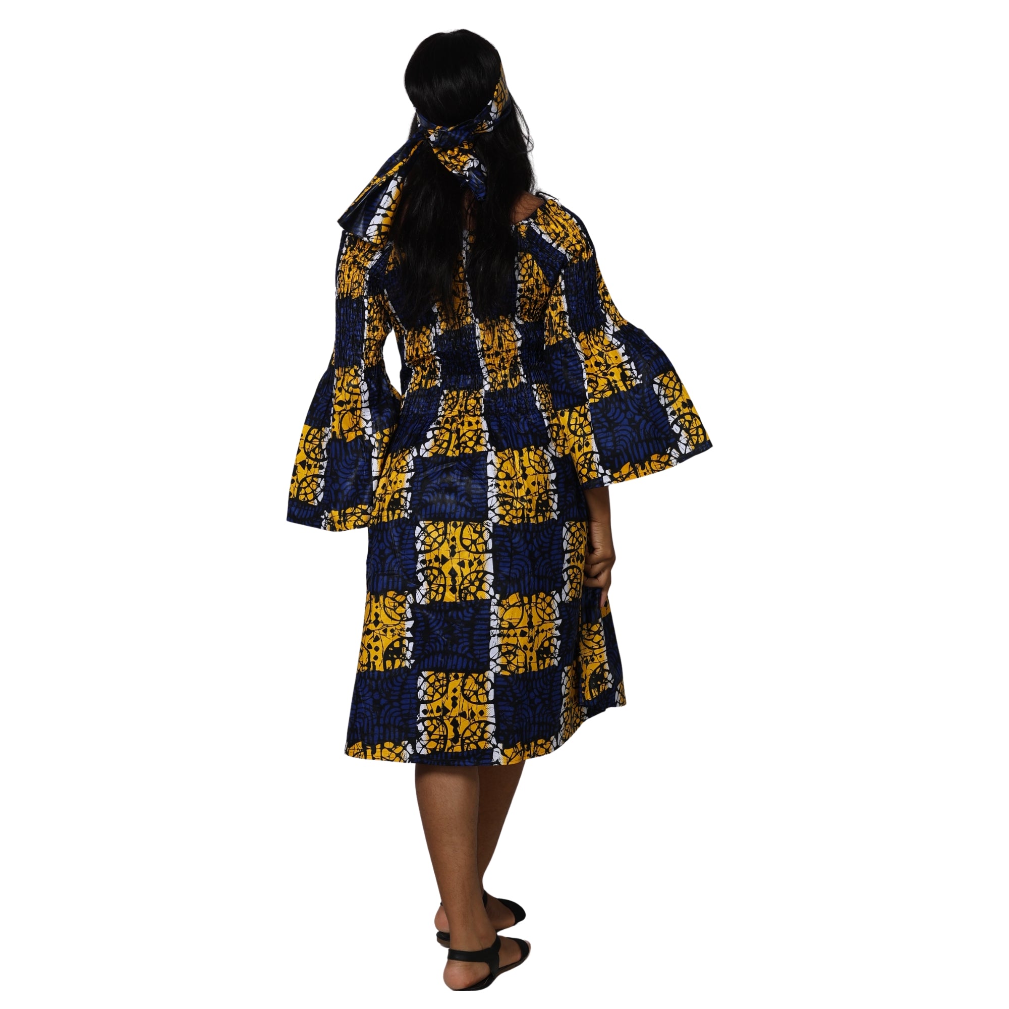 Women's Long Sleeve Smocking Short Dress with Bell Sleeves -- FI-50073