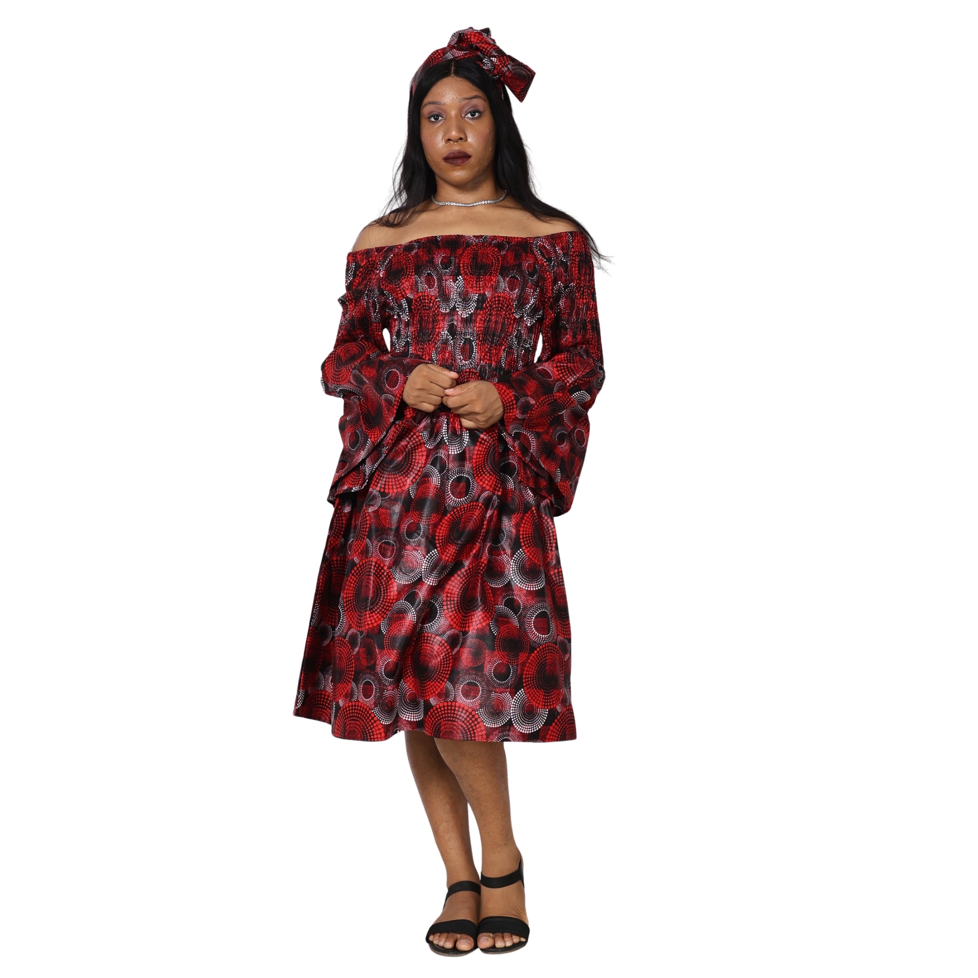 Women's Long Sleeve Smocking Short Dress with Bell Sleeves -- FI-50073