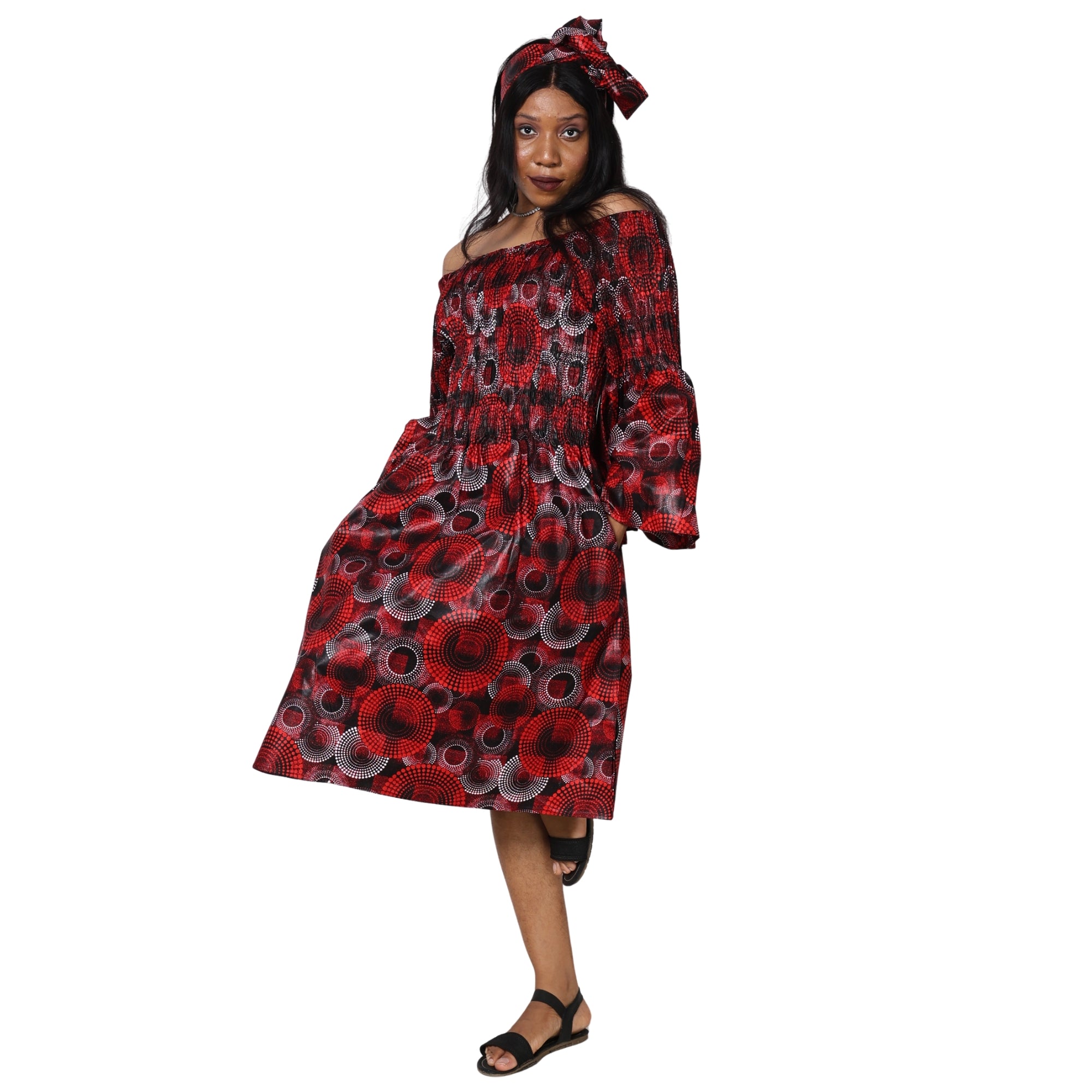 Women's Long Sleeve Smocking Short Dress with Bell Sleeves -- FI-50073