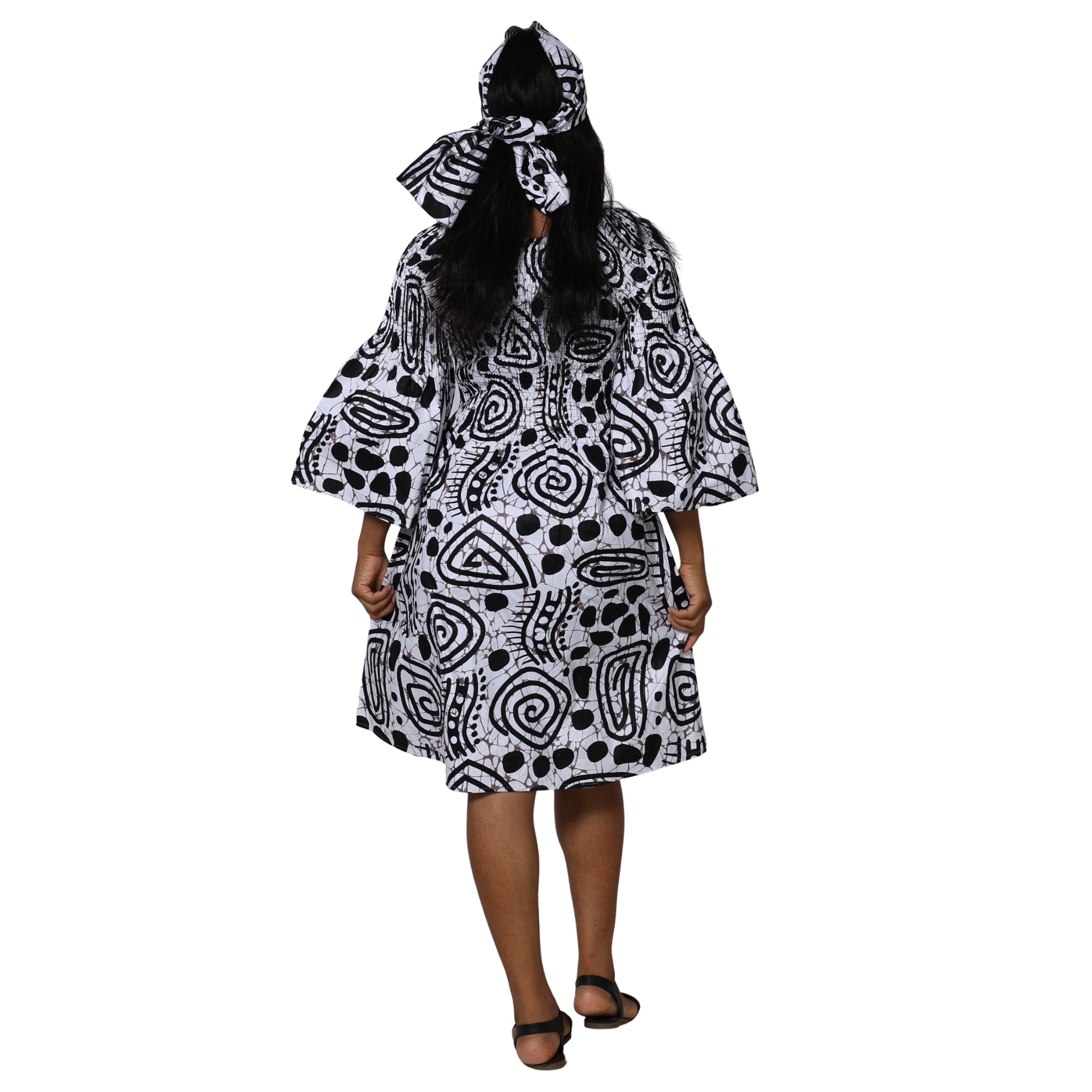 Women's Long Sleeve Smocking Short Dress with Bell Sleeves -- FI-50073