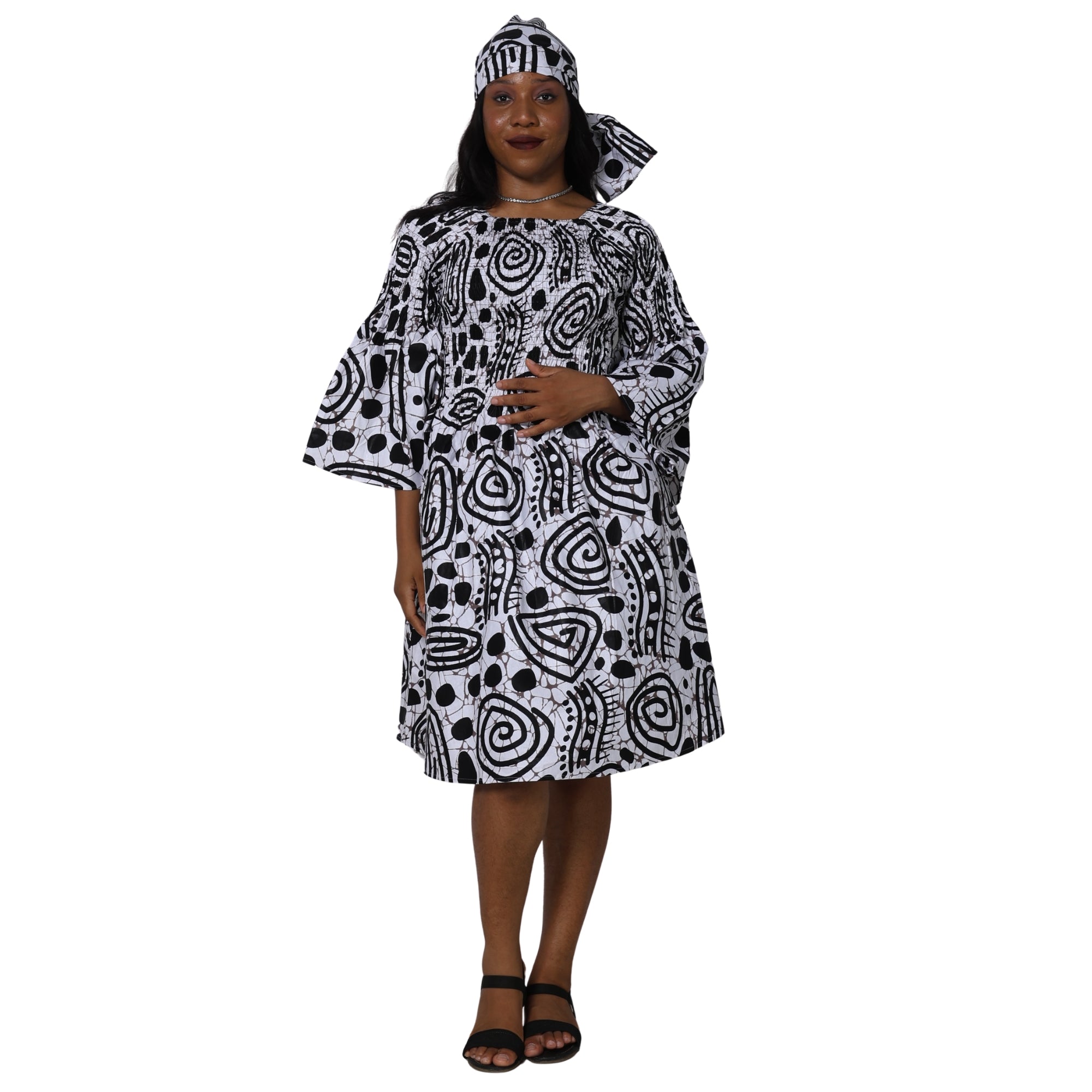 Women's Long Sleeve Smocking Short Dress with Bell Sleeves -- FI-50073