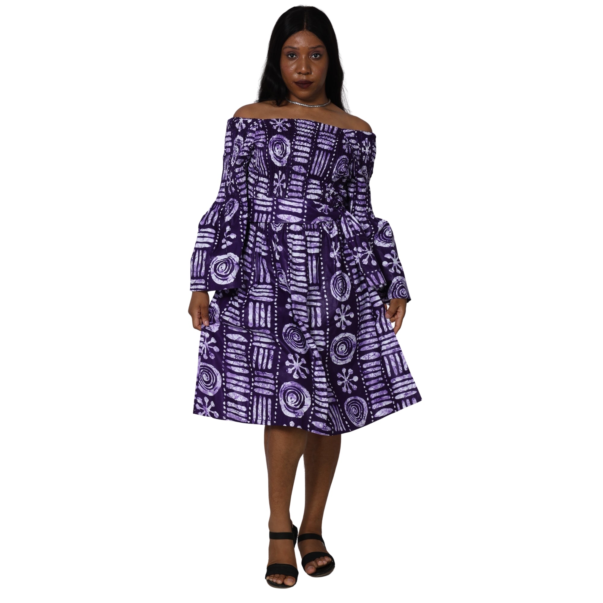 Women's Long Sleeve Smocking Short Dress with Bell Sleeves -- FI-50073