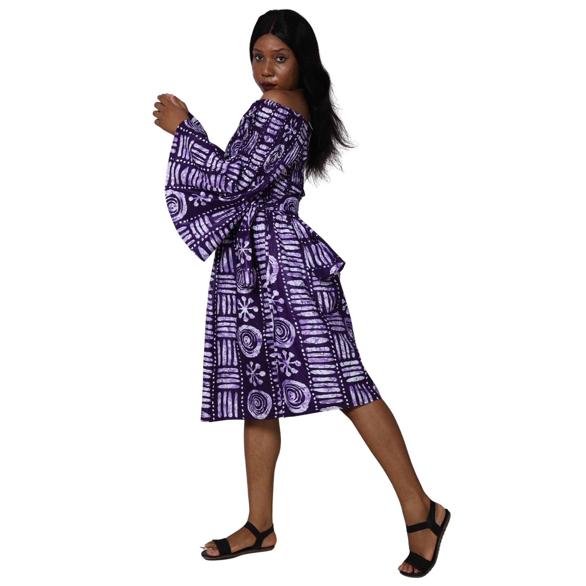 Women's Long Sleeve Smocking Short Dress with Bell Sleeves -- FI-50073