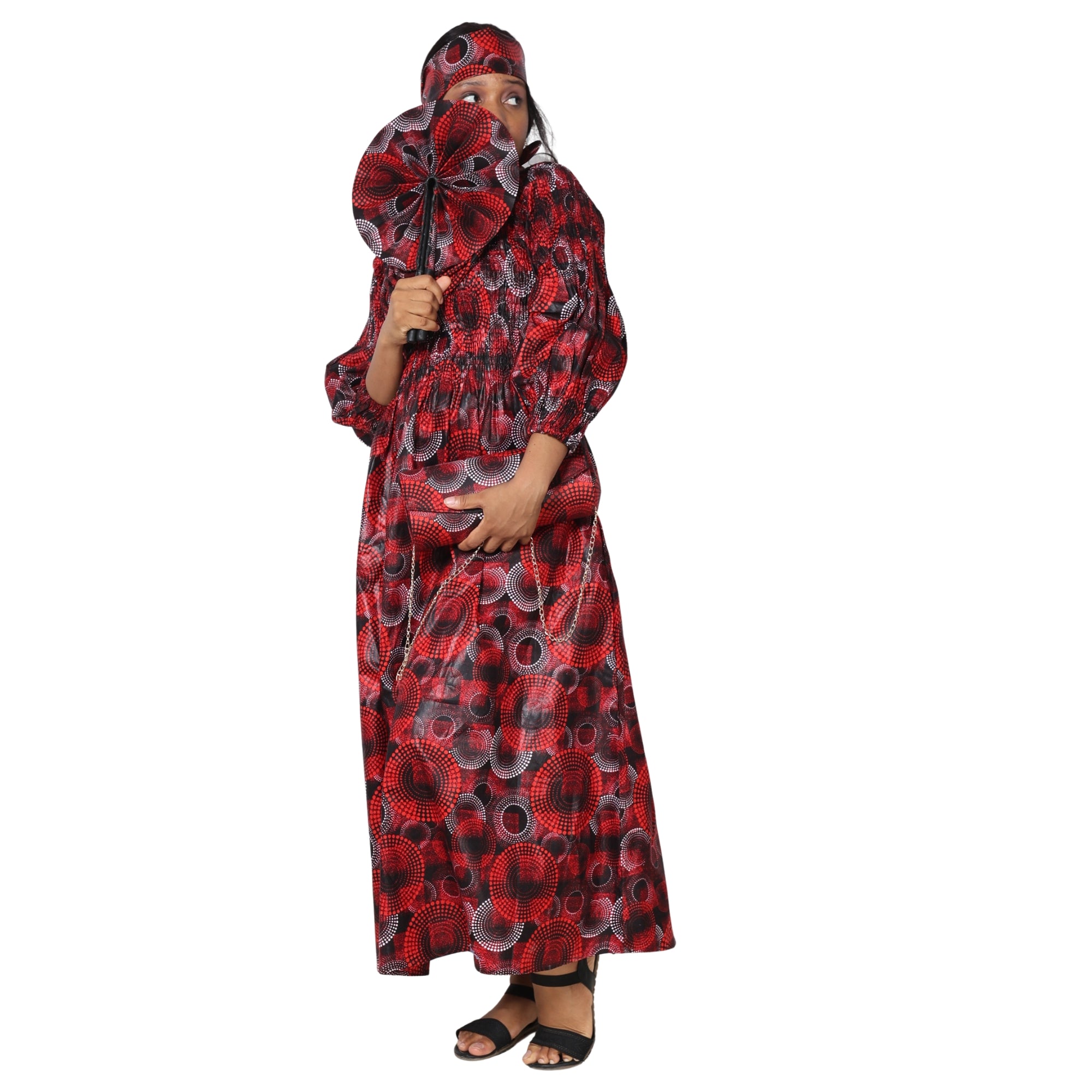 Women's Smocked Maxi Dress with Clutch, Necklace and Fan Set -- FI-50084 4Pc Set