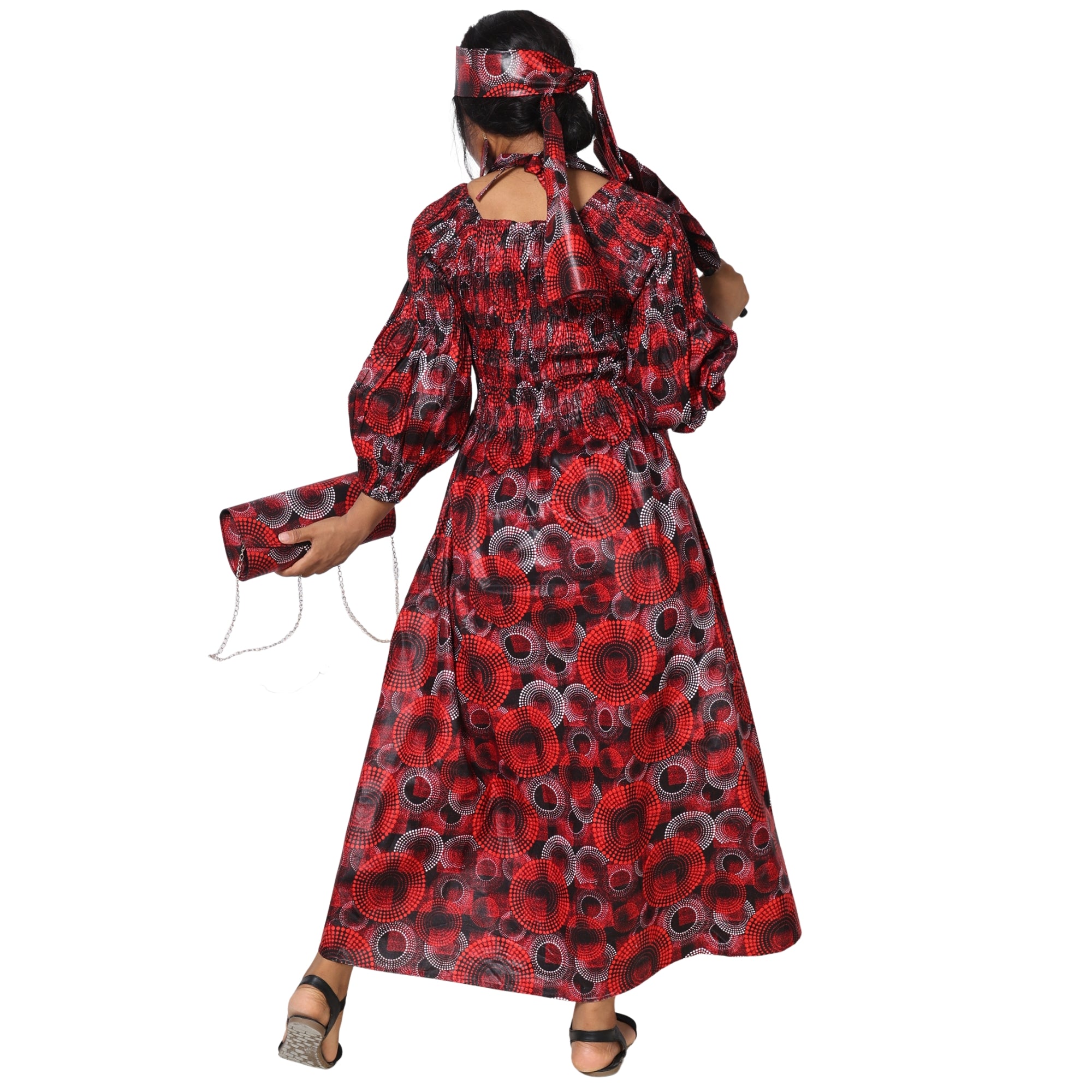 Women's Smocked Maxi Dress with Clutch, Necklace and Fan Set -- FI-50084 4Pc Set