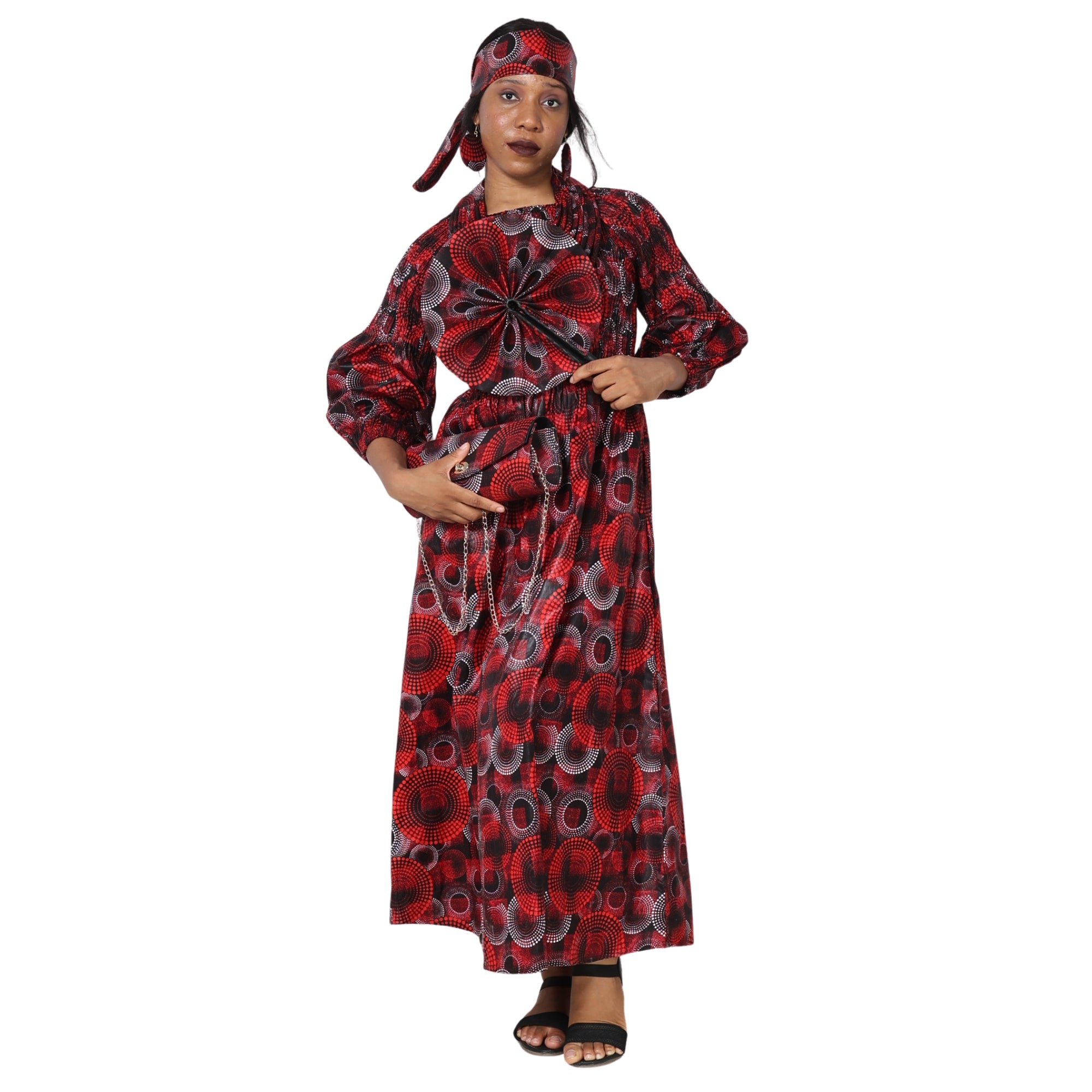 Women's Smocked Maxi Dress with Clutch, Necklace and Fan Set -- FI-50084 4Pc Set