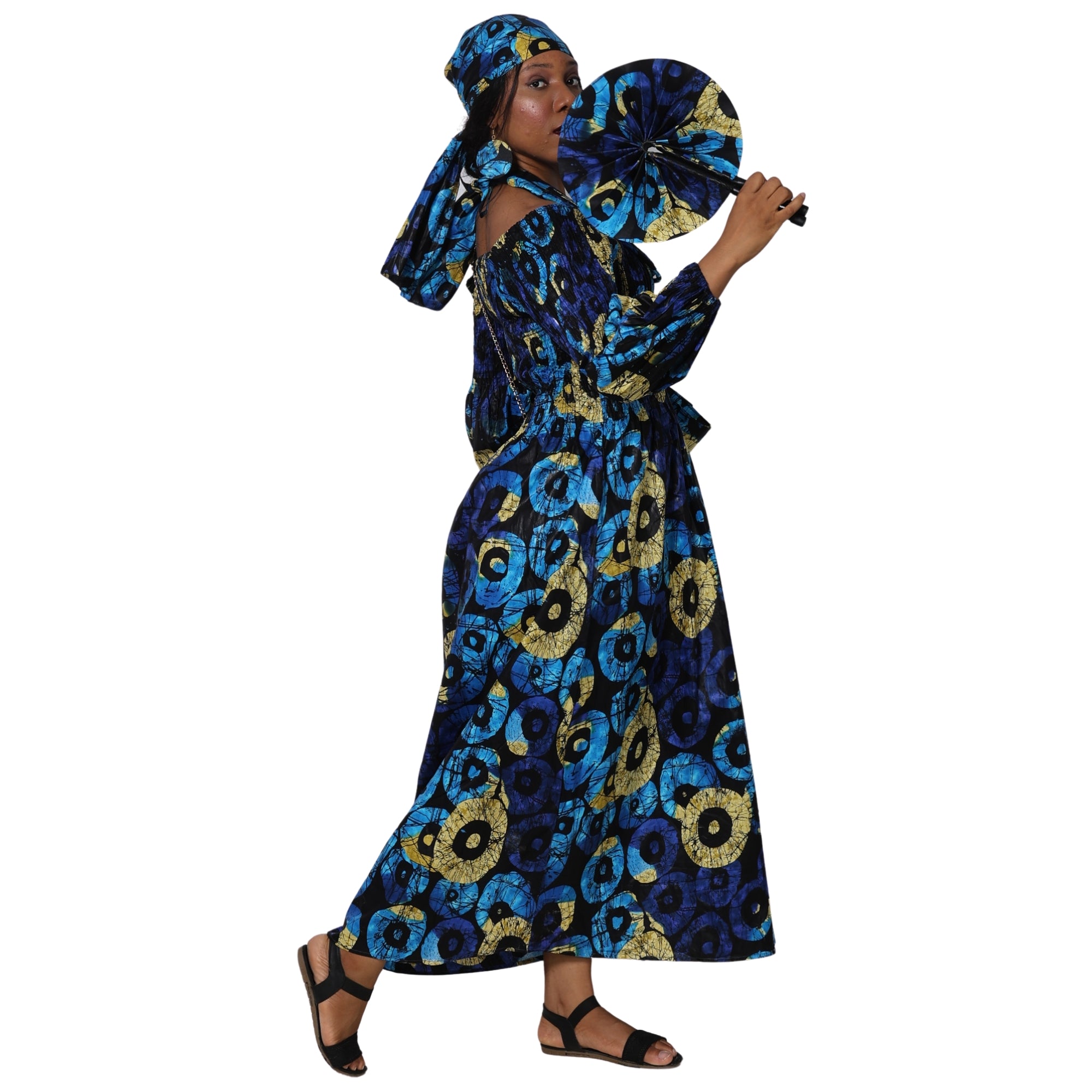 Women's Smocked Maxi Dress with Clutch, Necklace and Fan Set -- FI-50084 4Pc Set