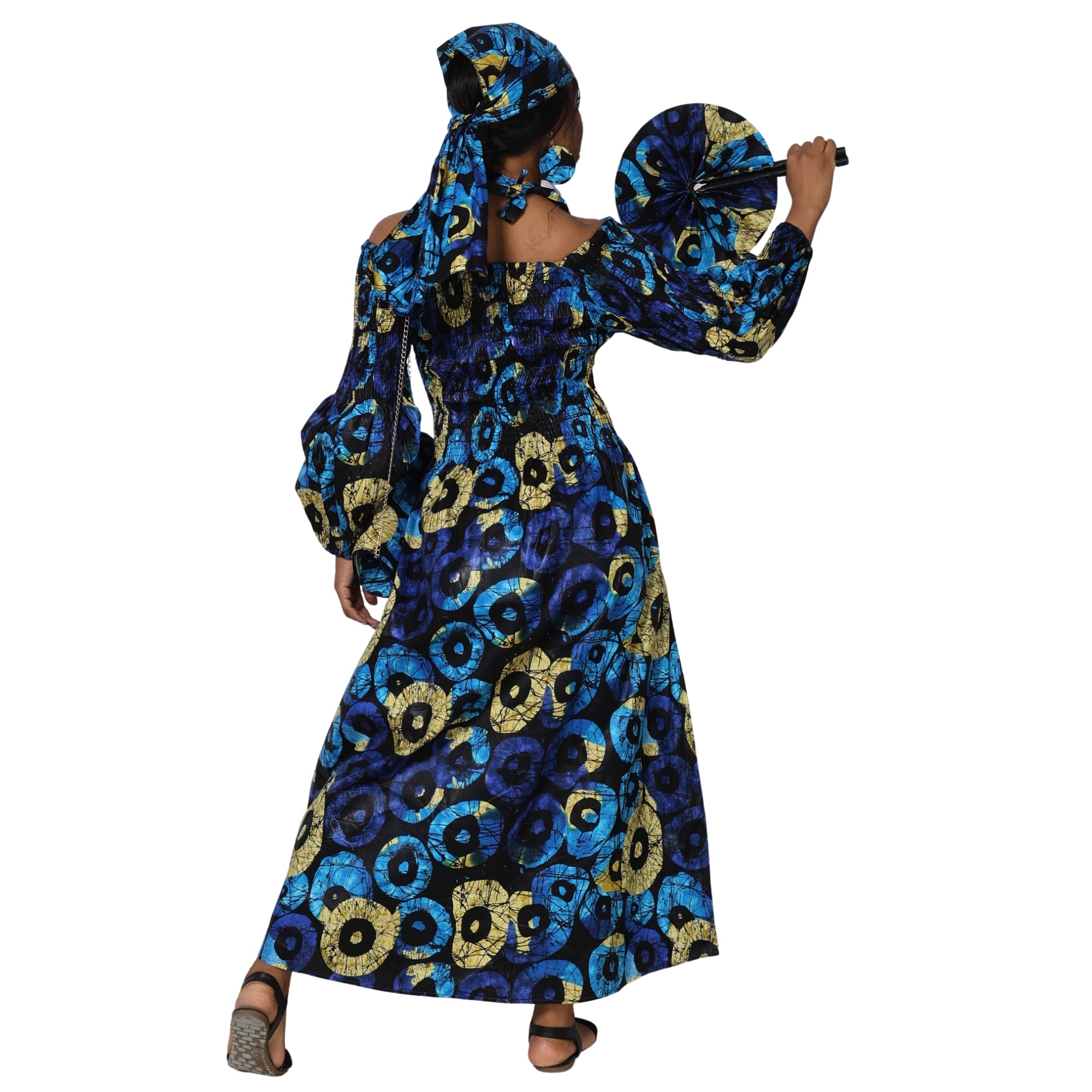Women's Smocked Maxi Dress with Clutch, Necklace and Fan Set -- FI-50084 4Pc Set