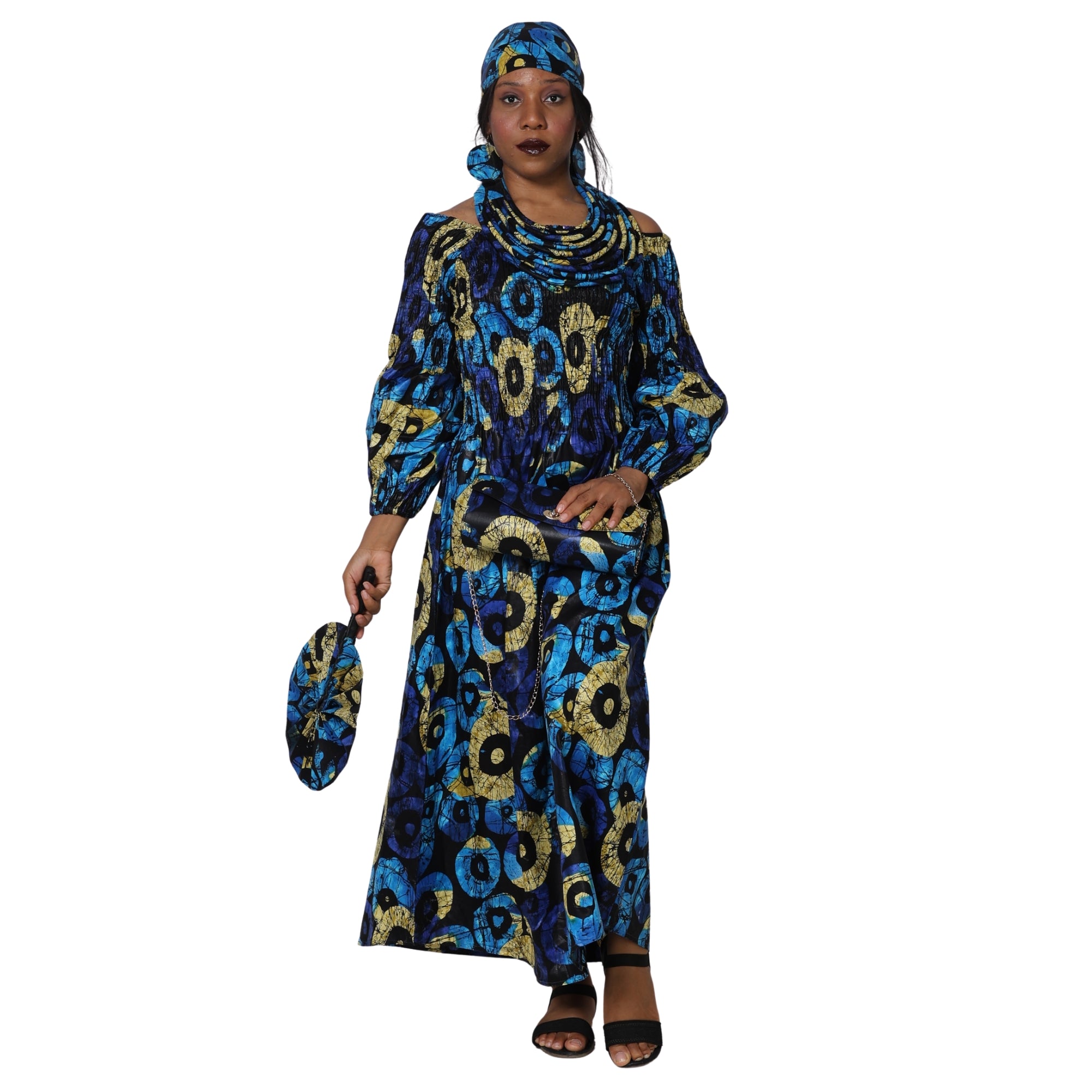 Women's Smocked Maxi Dress with Clutch, Necklace and Fan Set -- FI-50084 4Pc Set